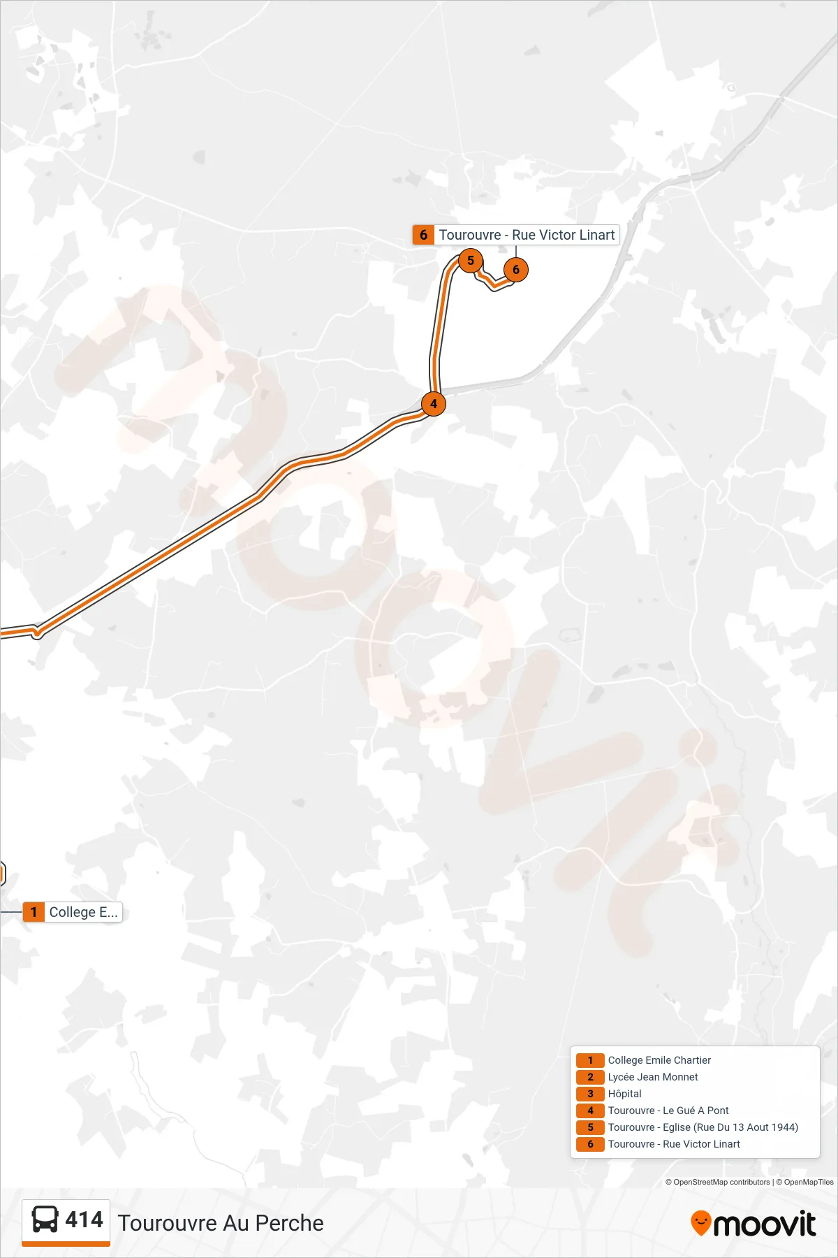 Tracé et arrêts de la ligne 414 de bus (Tourouvre Au Perche) sur une carte