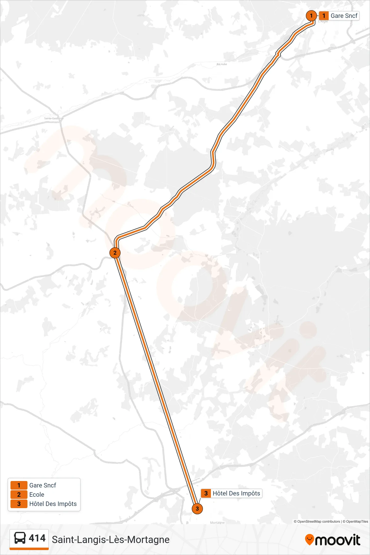 Tracé et arrêts de la ligne 414 de bus (Saint-Langis-Lès-Mortagne) sur une carte