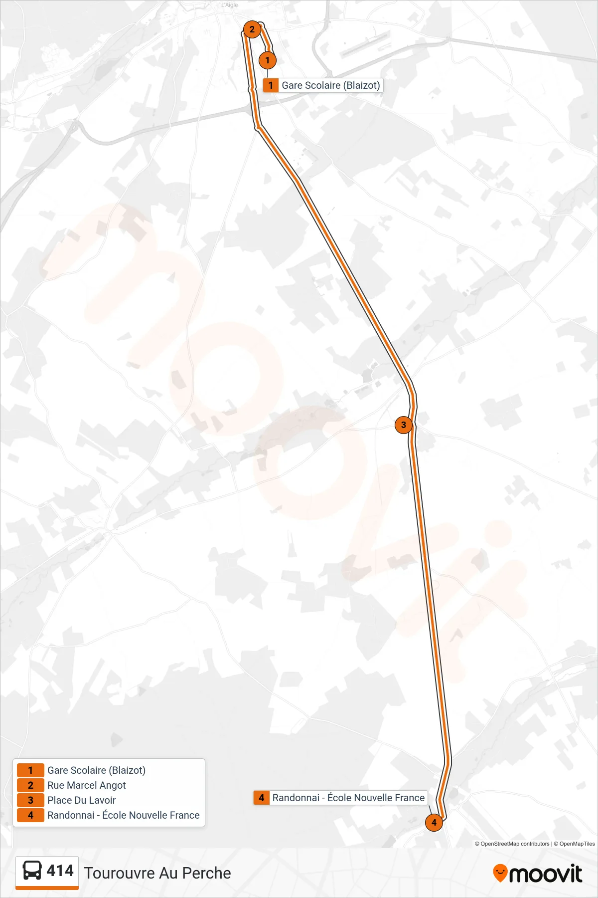 Tracé et arrêts de la ligne 414 de bus (Tourouvre Au Perche) sur une carte