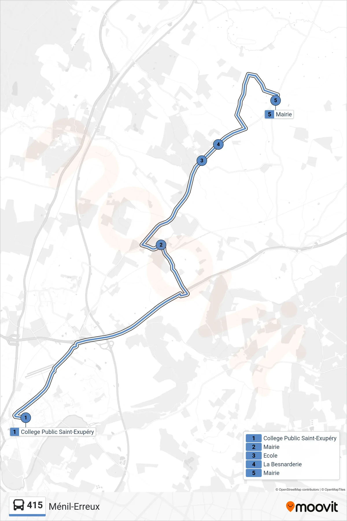 Tracé et arrêts de la ligne 415 de bus (Ménil-Erreux) sur une carte