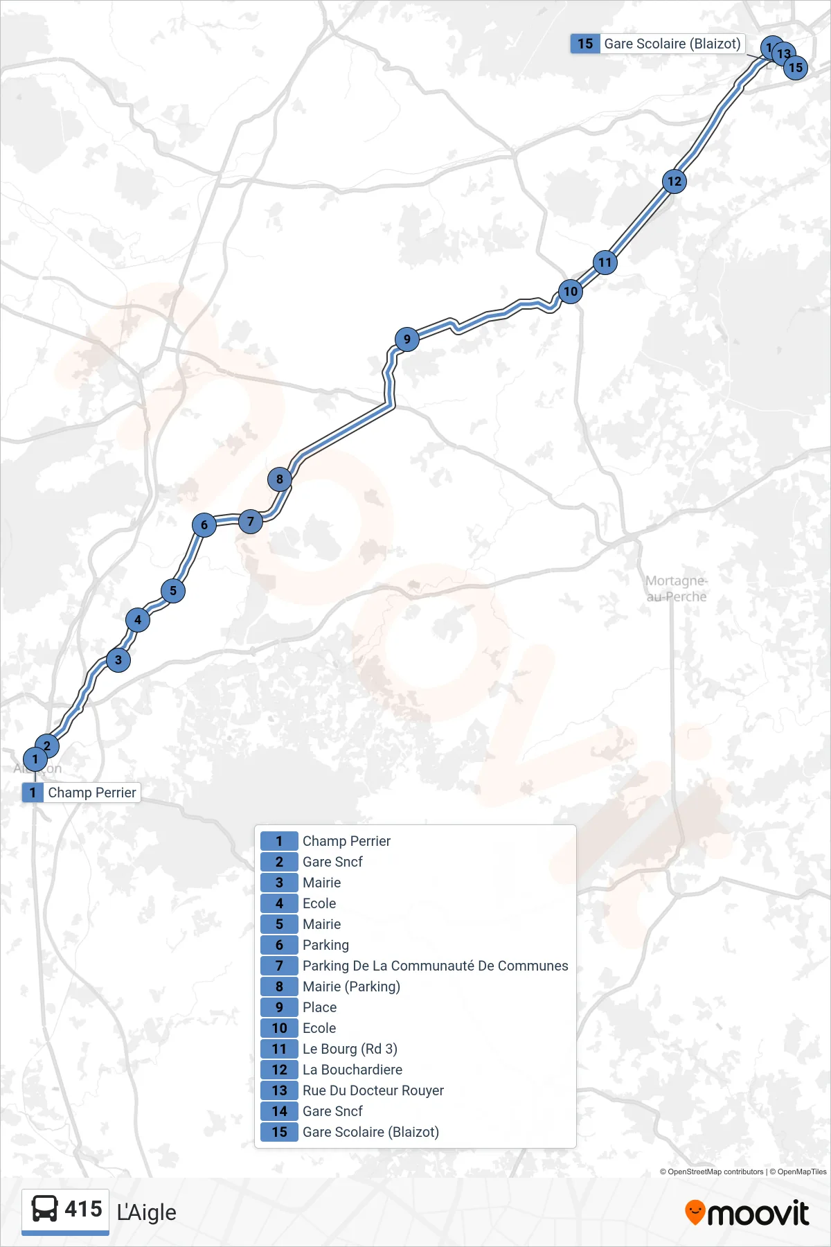 Recorrido y paradas de la línea 415 de autobús (L'Aigle) en el mapa