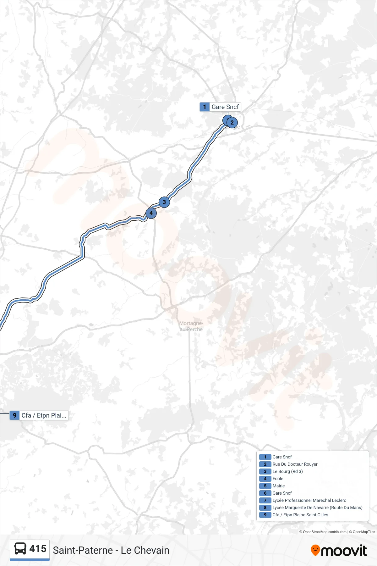 Tracé et arrêts de la ligne 415 de bus (Saint-Paterne - Le Chevain) sur une carte