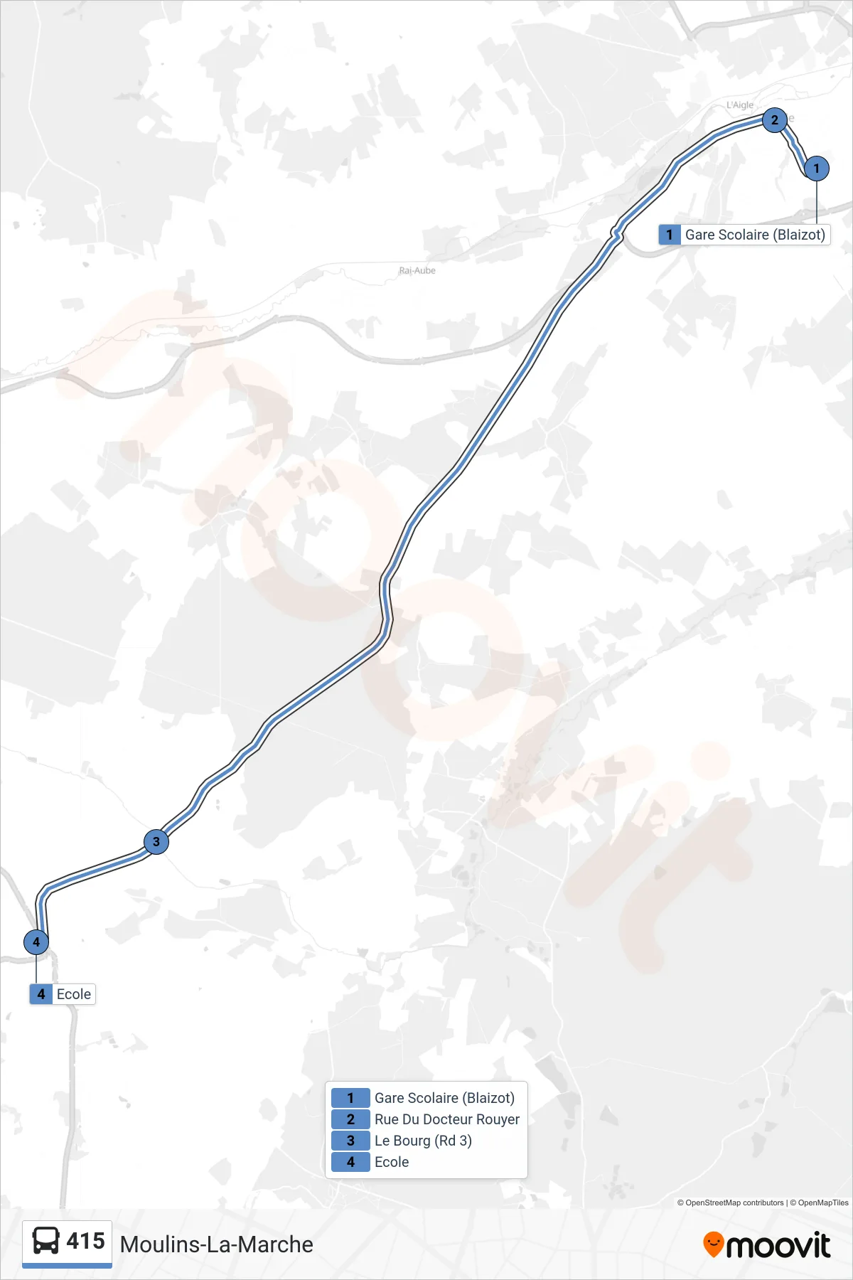 Tracé et arrêts de la ligne 415 de bus (Moulins-La-Marche) sur une carte
