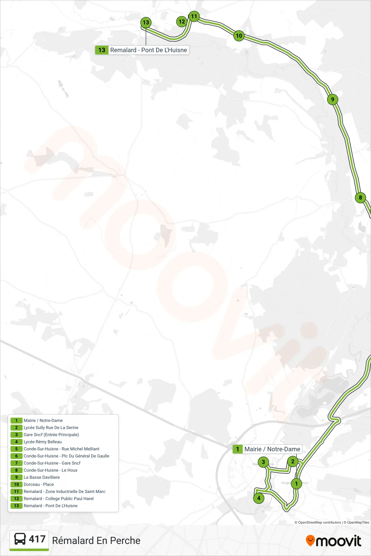 Tracé et arrêts de la ligne 417 de bus (Rémalard En Perche) sur une carte