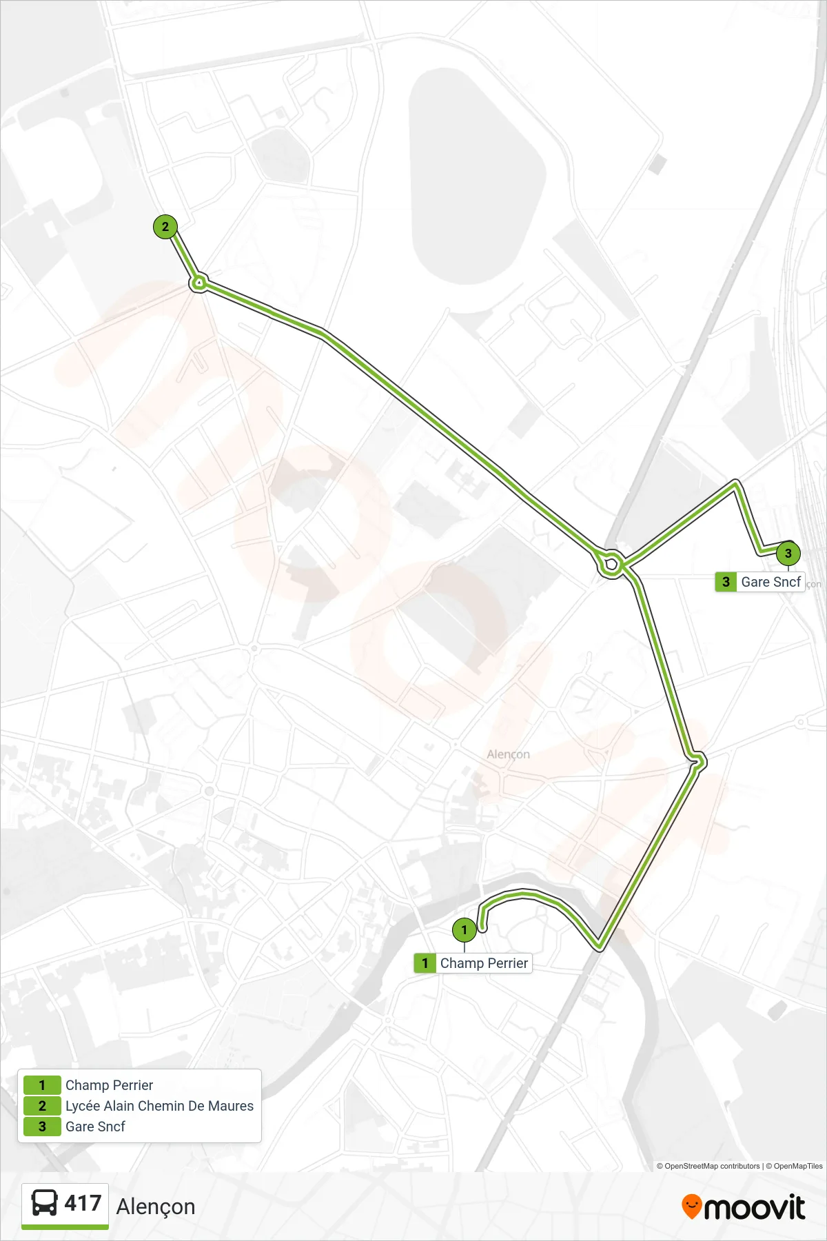 Tracé et arrêts de la ligne 417 de bus (Alençon) sur une carte