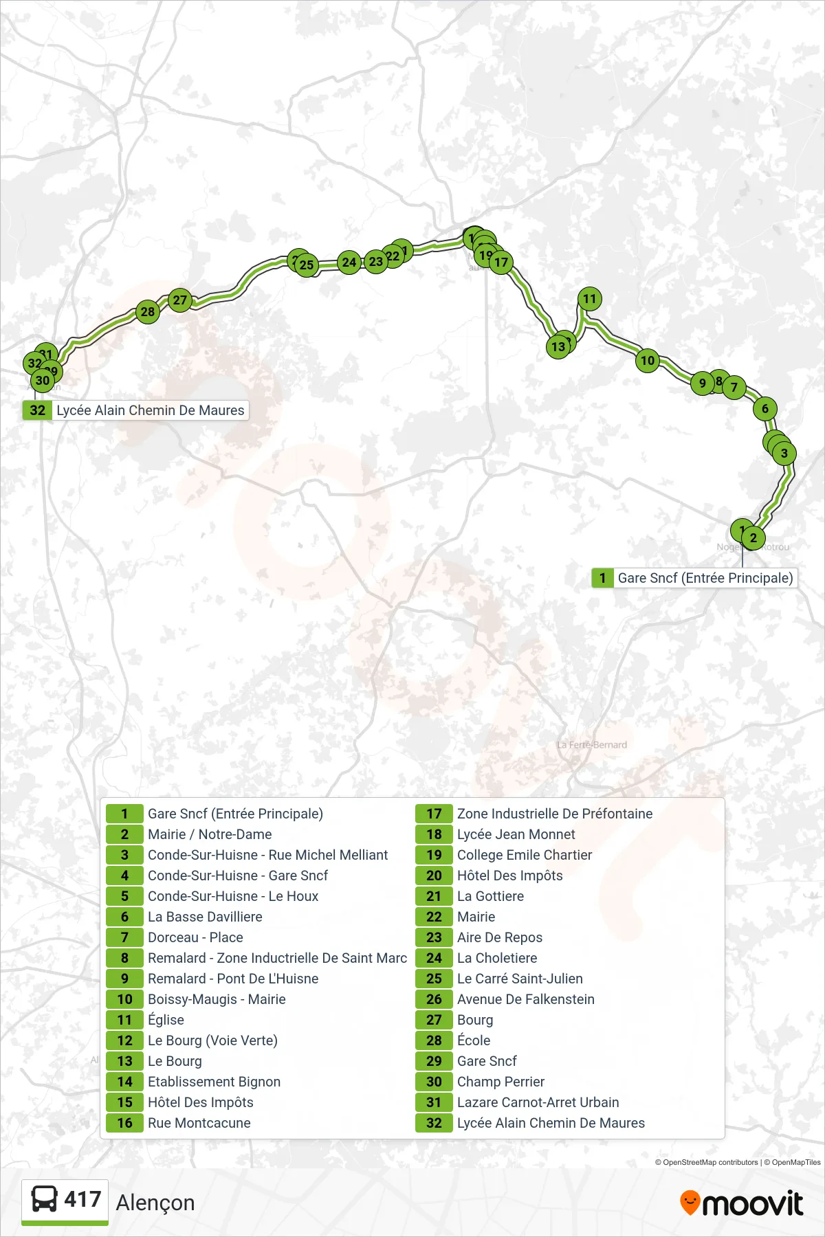 Tracé et arrêts de la ligne 417 de bus (Alençon) sur une carte
