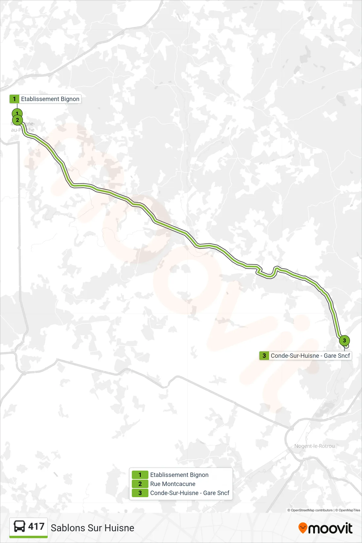 Tracé et arrêts de la ligne 417 de bus (Sablons Sur Huisne) sur une carte