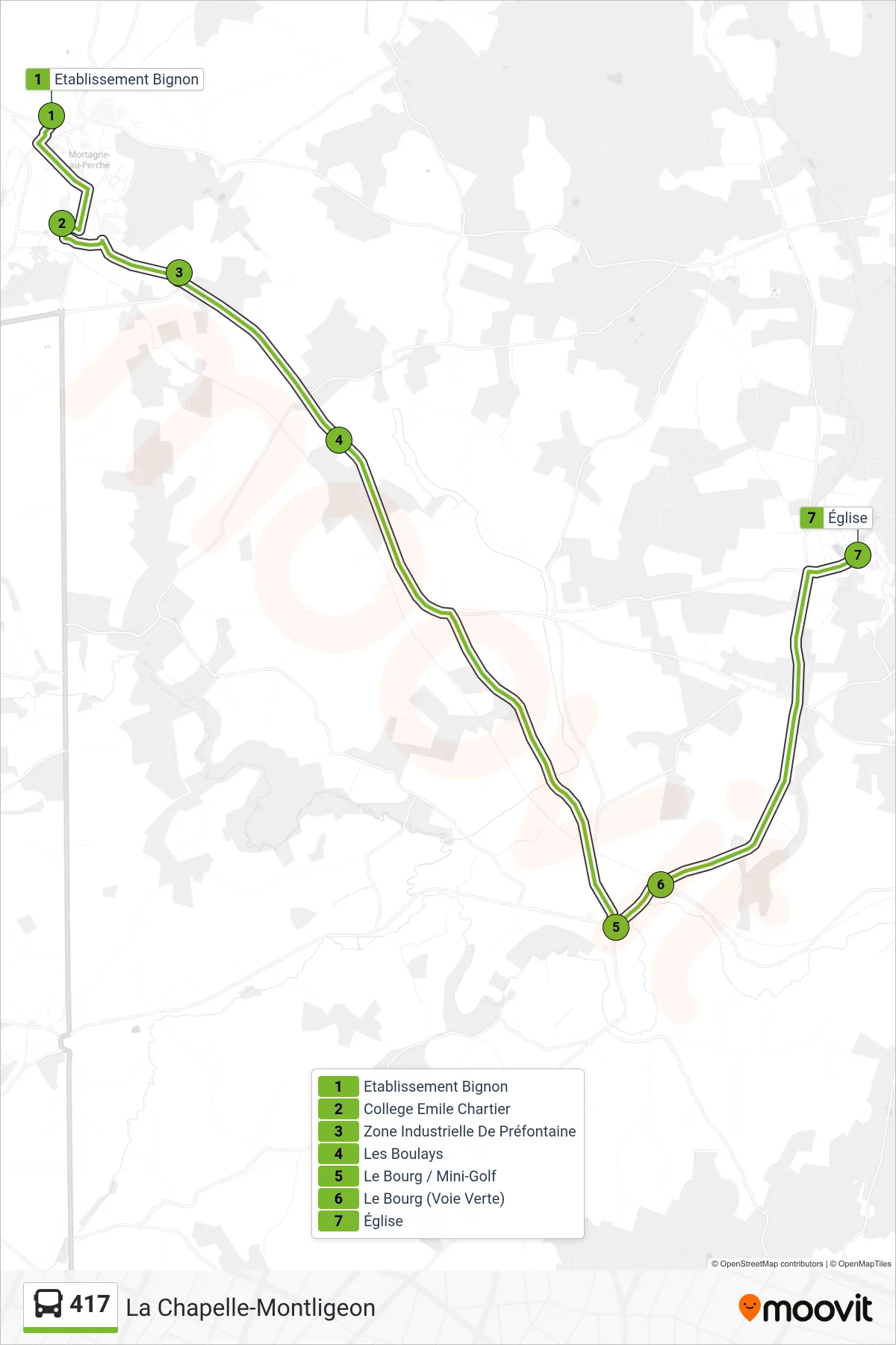 Tracé et arrêts de la ligne 417 de bus (La Chapelle-Montligeon) sur une carte
