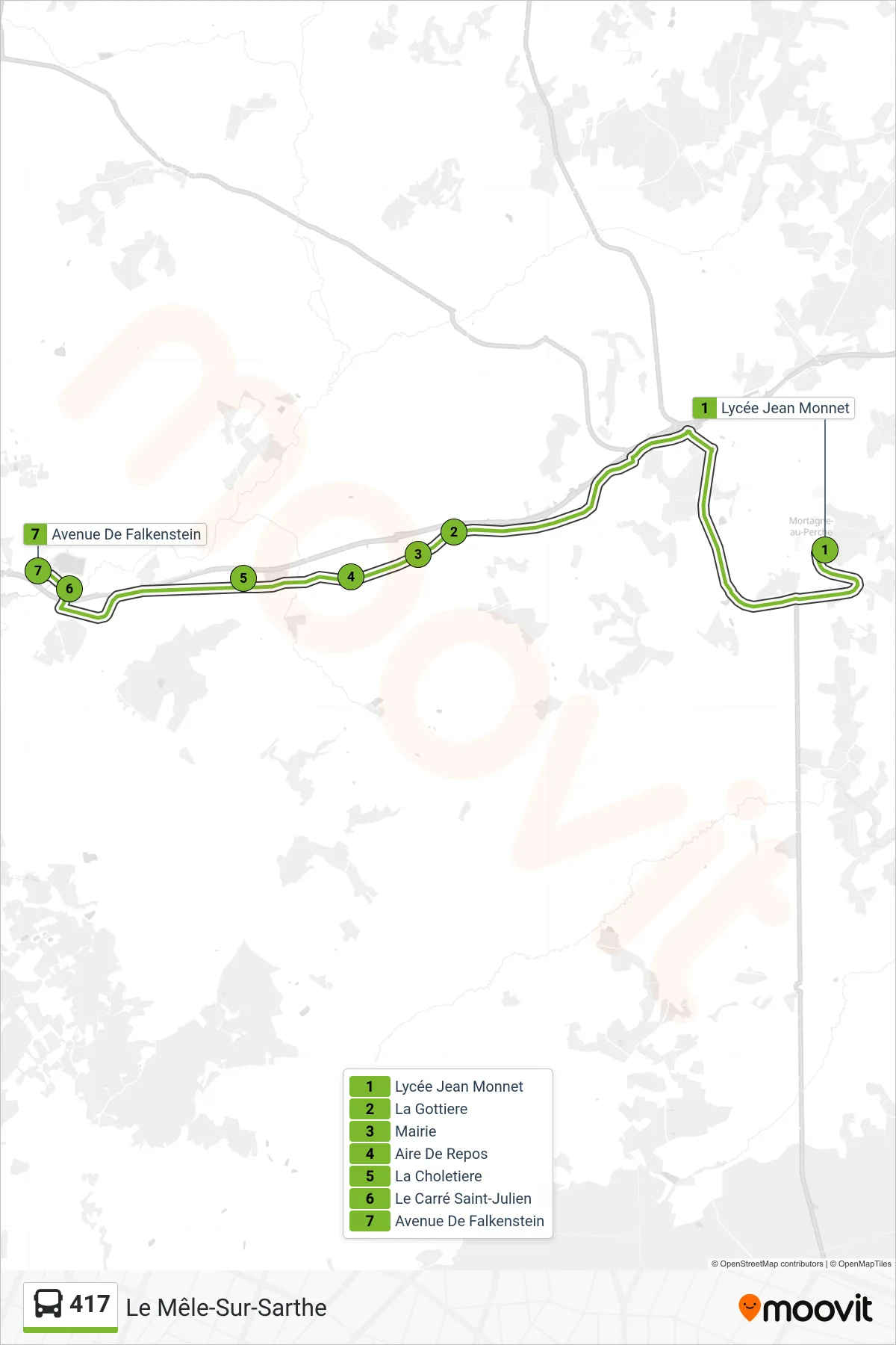 Tracé et arrêts de la ligne 417 de bus (Le Mêle-Sur-Sarthe) sur une carte