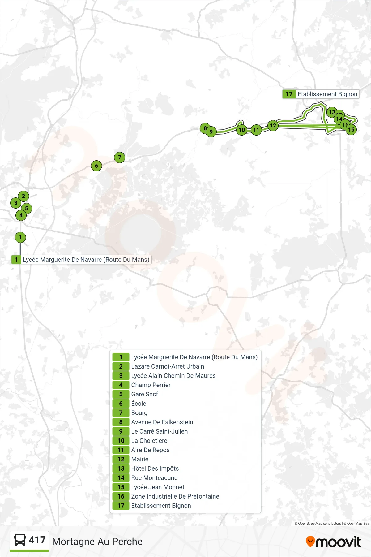 Tracé et arrêts de la ligne 417 de bus (Mortagne-Au-Perche) sur une carte
