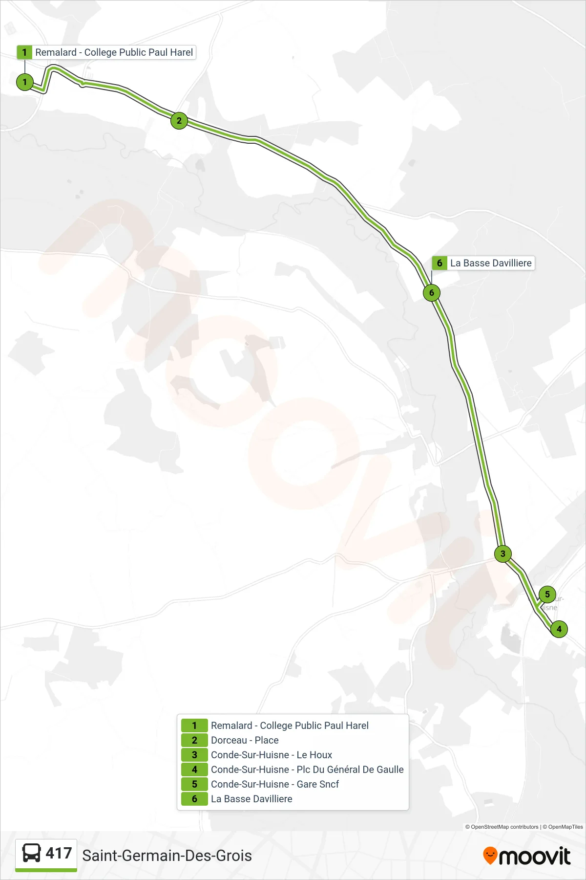 Tracé et arrêts de la ligne 417 de bus (Saint-Germain-Des-Grois) sur une carte