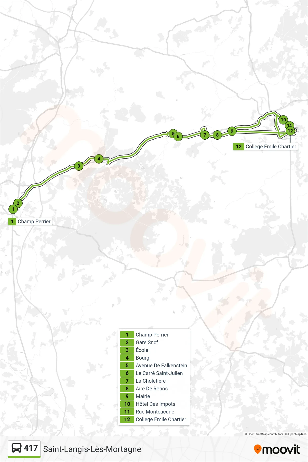 Tracé et arrêts de la ligne 417 de bus (Saint-Langis-Lès-Mortagne) sur une carte