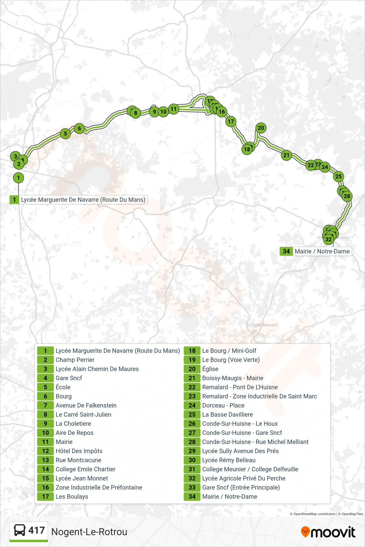 Tracé et arrêts de la ligne 417 de bus (Nogent-Le-Rotrou) sur une carte