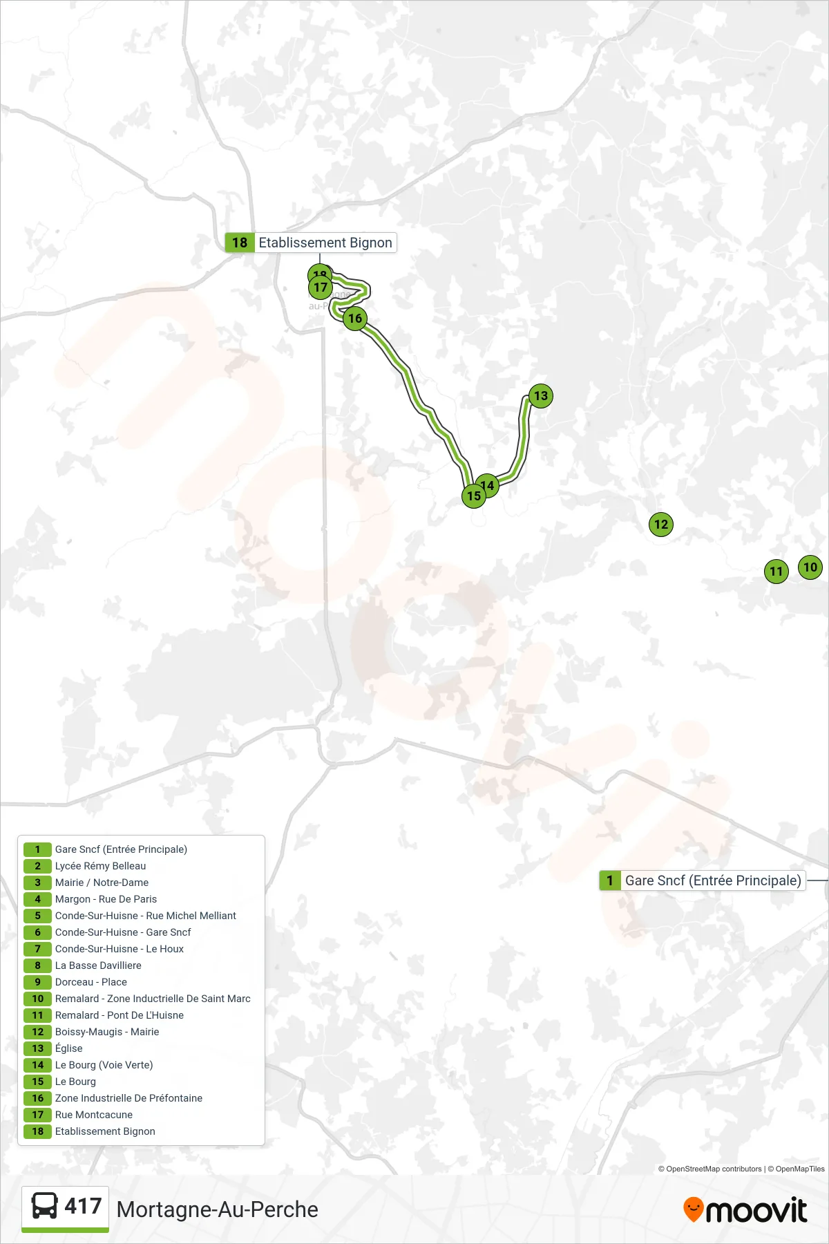 Tracé et arrêts de la ligne 417 de bus (Mortagne-Au-Perche) sur une carte