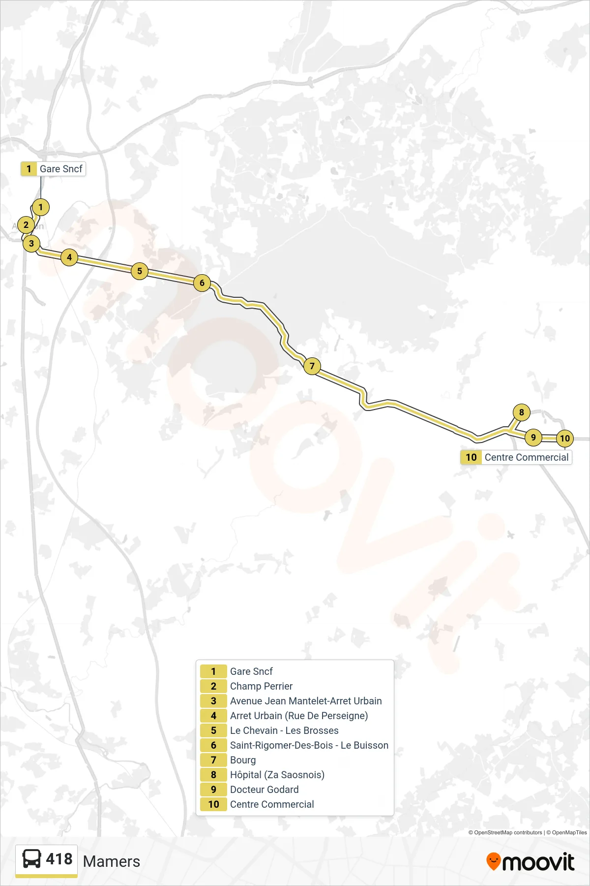 Tracé et arrêts de la ligne 418 de bus (Mamers) sur une carte