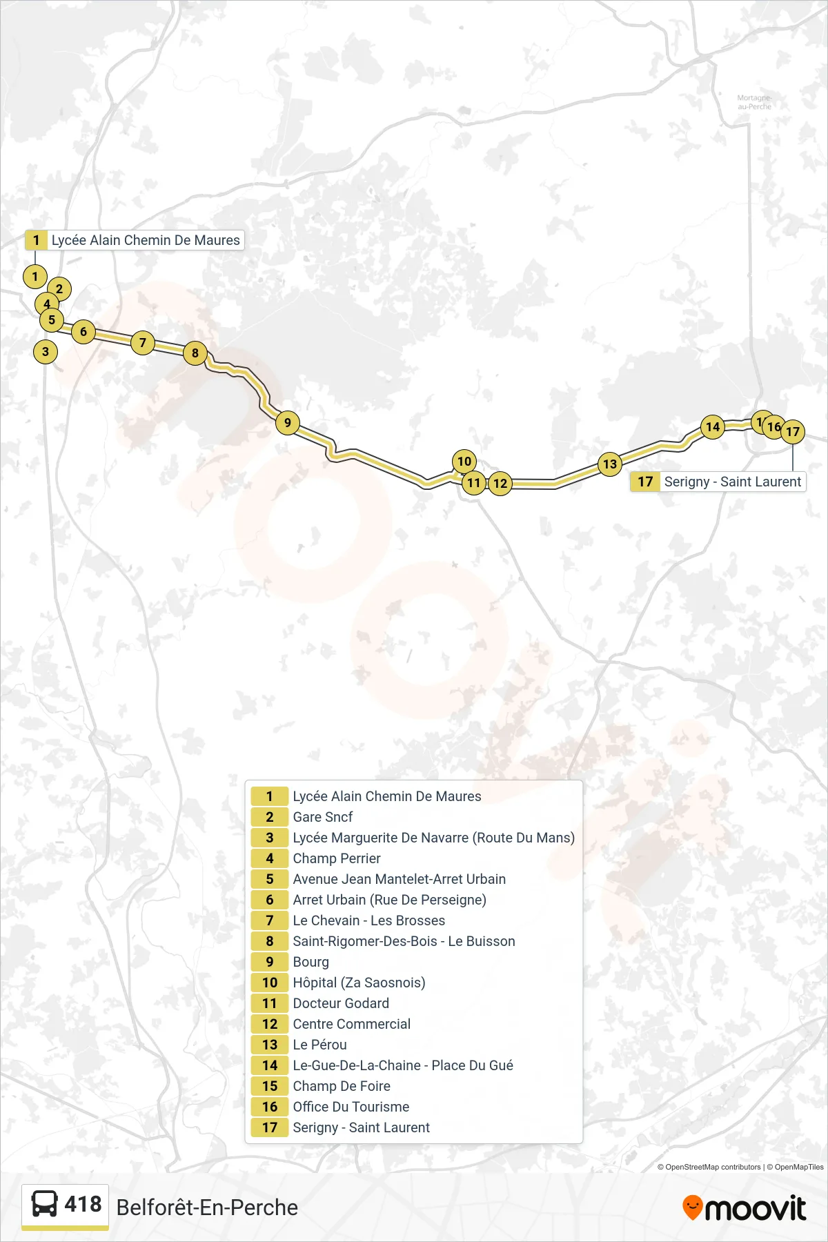 Tracé et arrêts de la ligne 418 de bus (Belforêt-En-Perche) sur une carte
