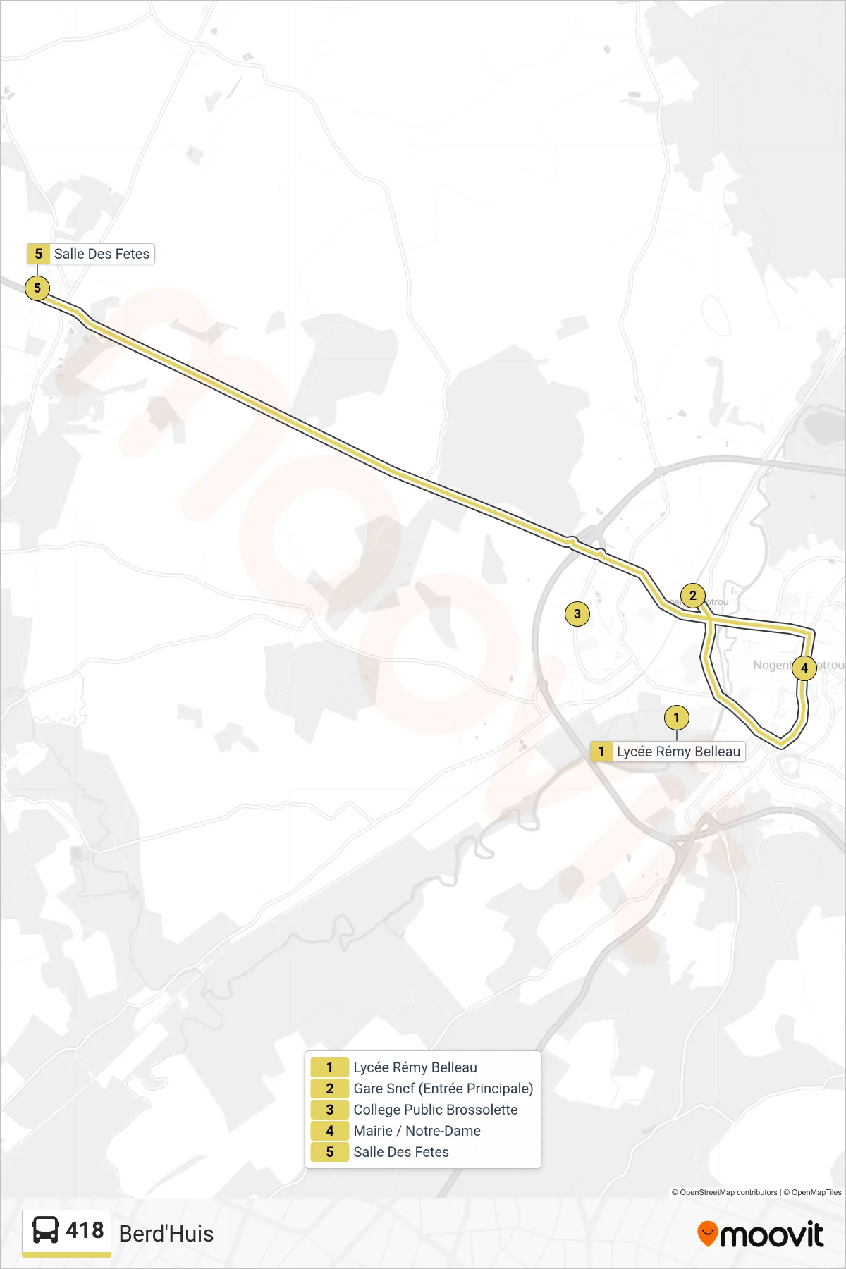 Tracé et arrêts de la ligne 418 de bus (Berd'Huis) sur une carte