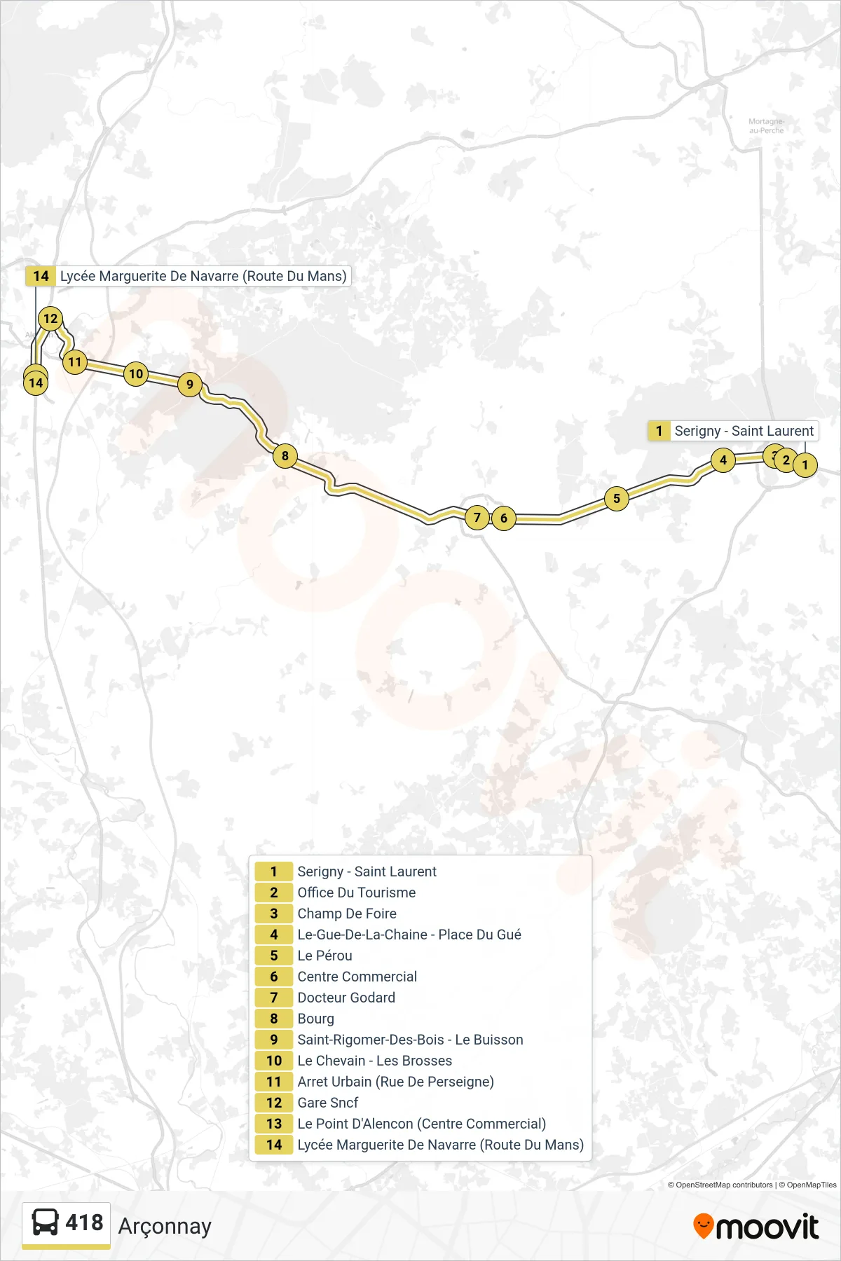 Tracé et arrêts de la ligne 418 de bus (Arçonnay) sur une carte