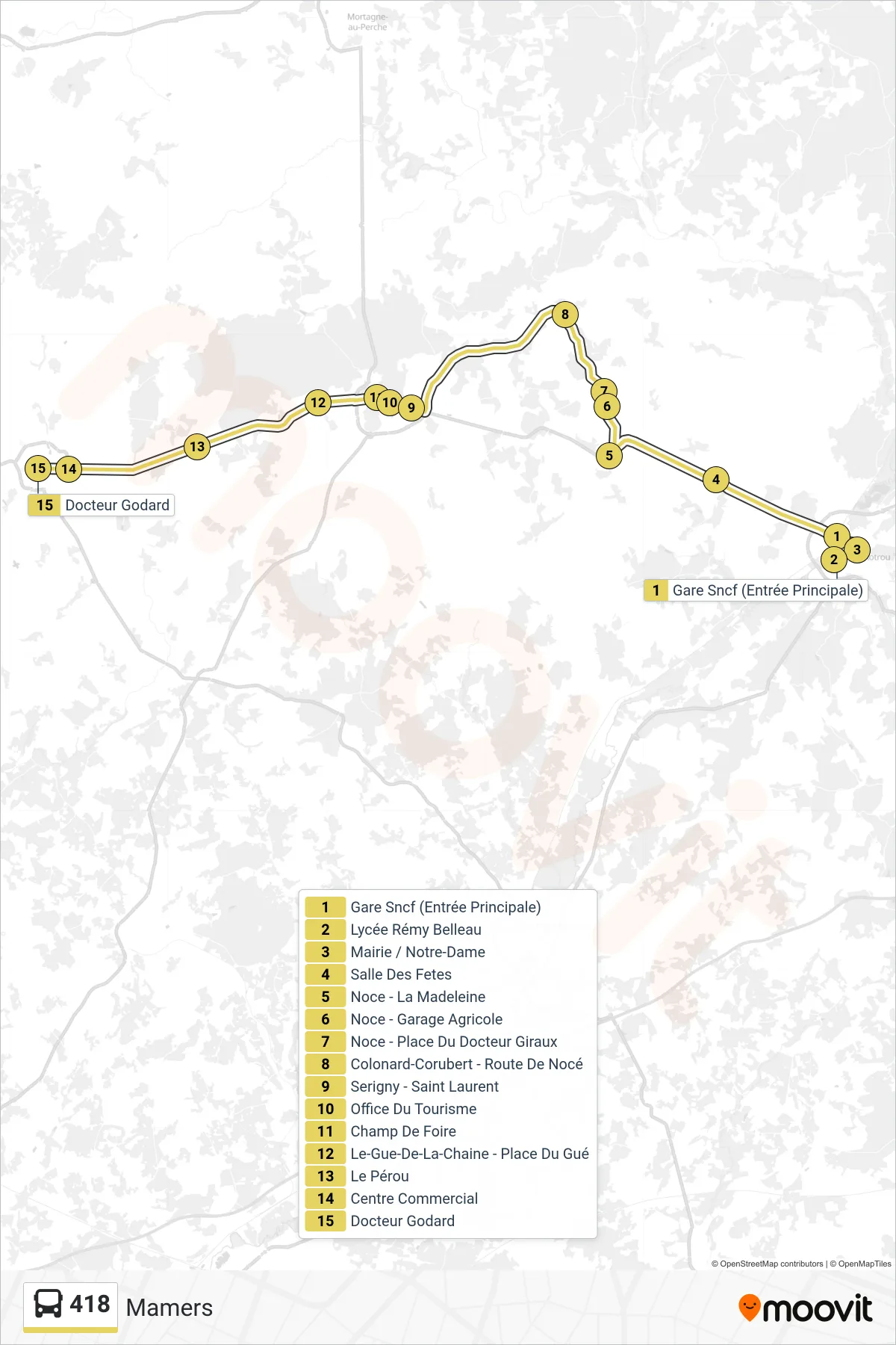 Recorrido y paradas de la línea 418 de autobús (Mamers) en el mapa