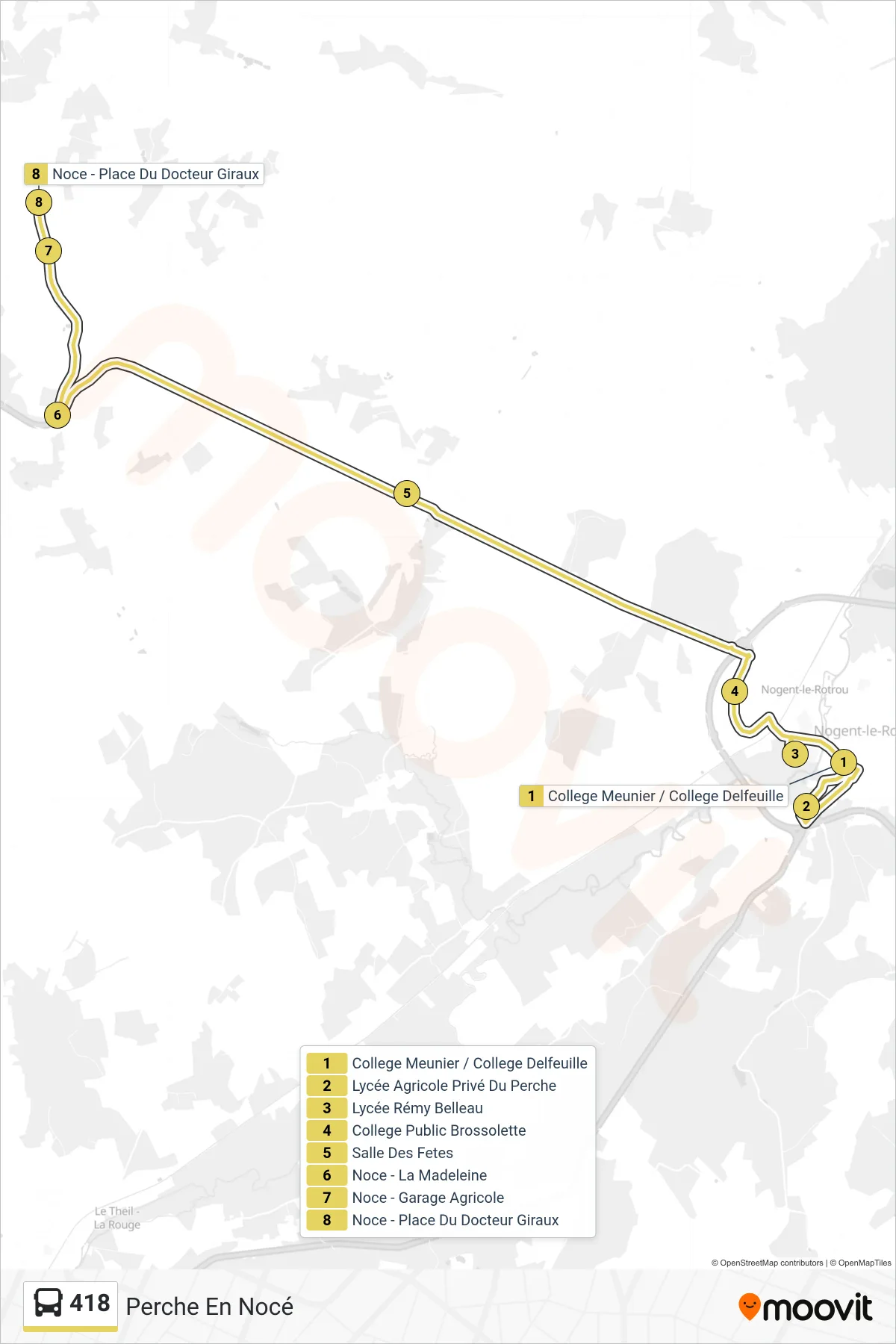 Recorrido y paradas de la línea 418 de autobús (Perche En Nocé) en el mapa
