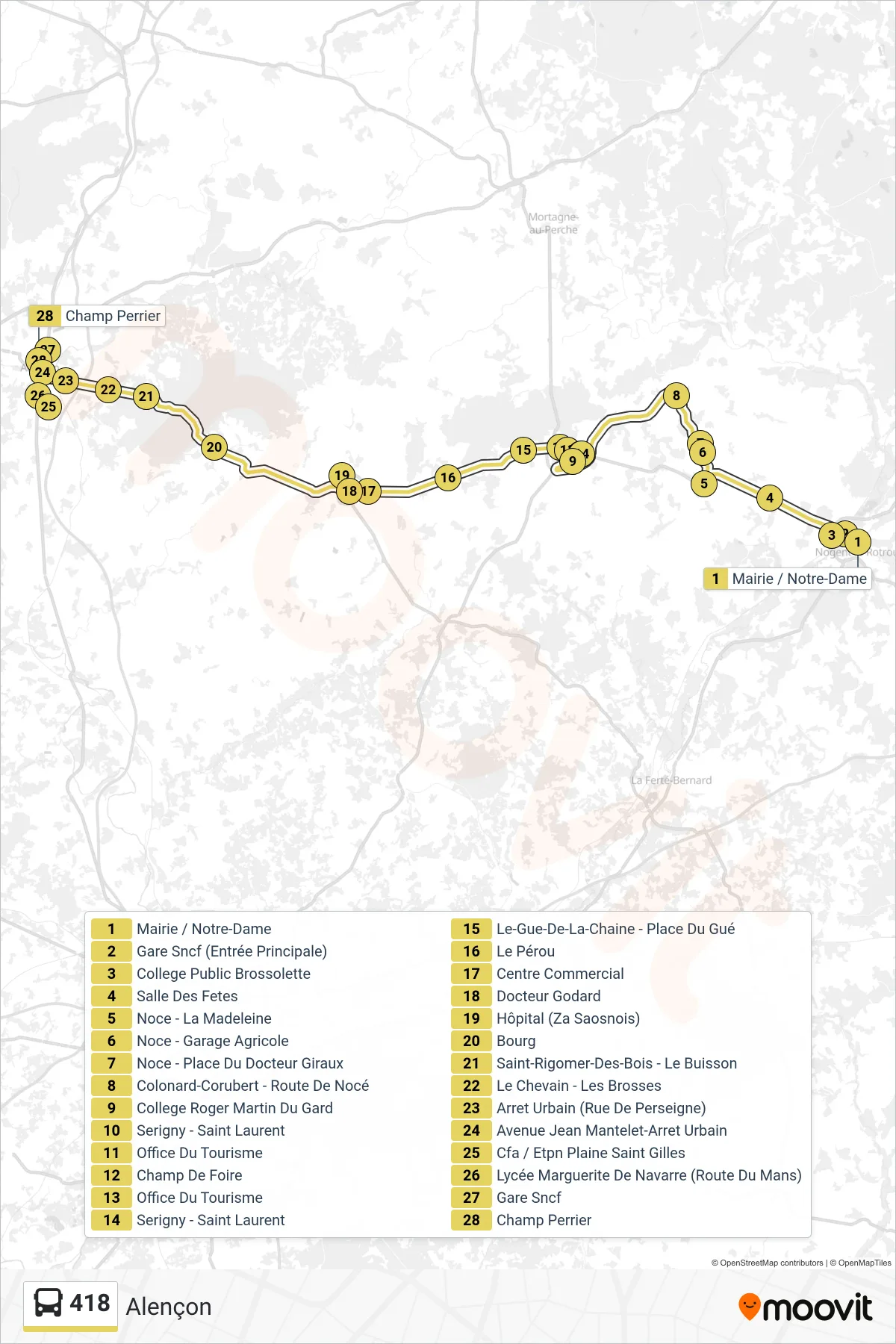 Tracé et arrêts de la ligne 418 de bus (Alençon) sur une carte