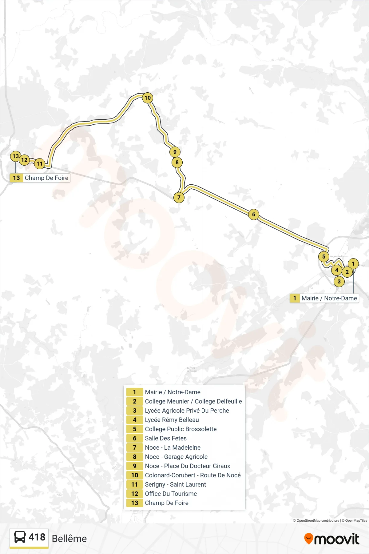 Tracé et arrêts de la ligne 418 de bus (Bellême) sur une carte