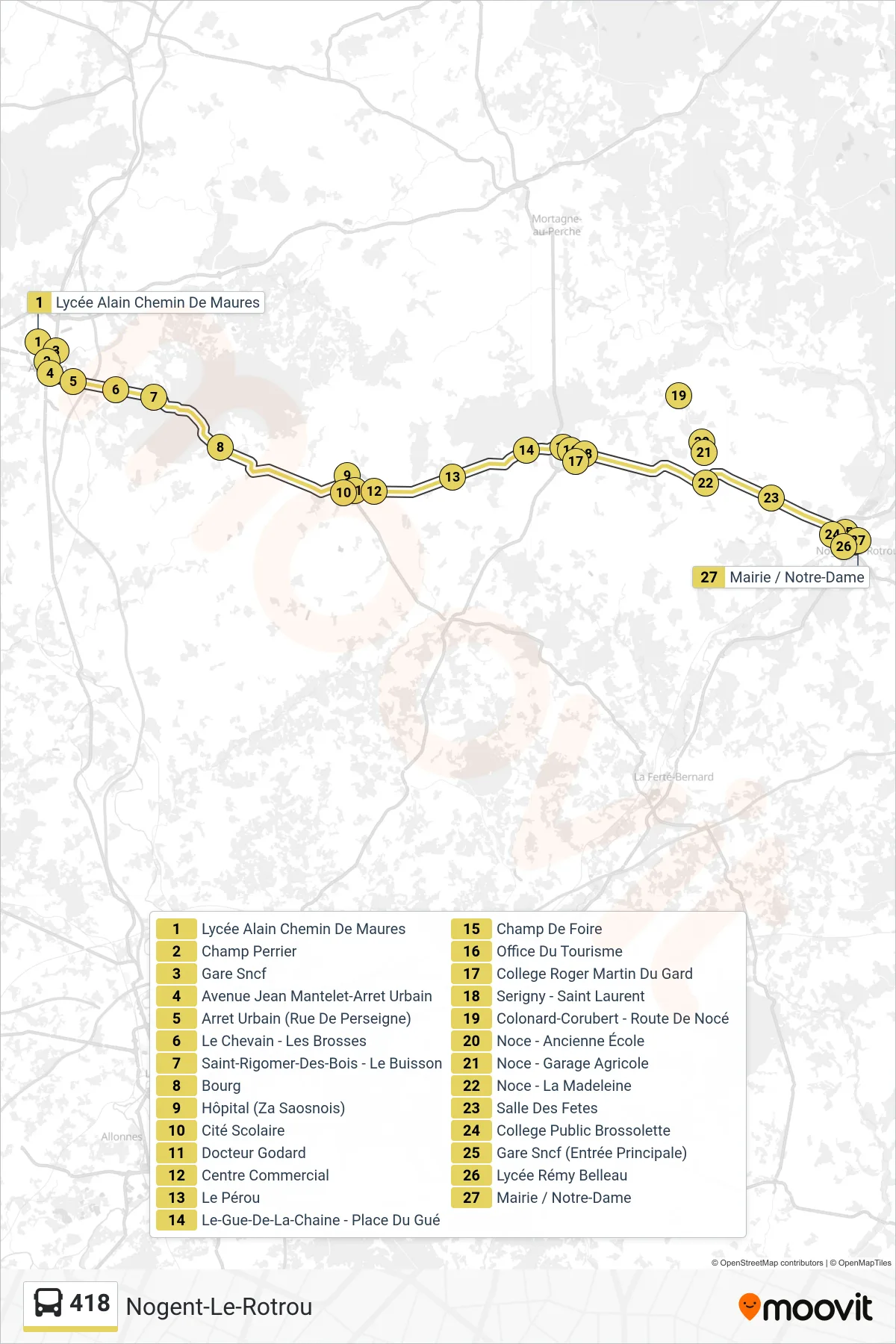 Tracé et arrêts de la ligne 418 de bus (Nogent-Le-Rotrou) sur une carte