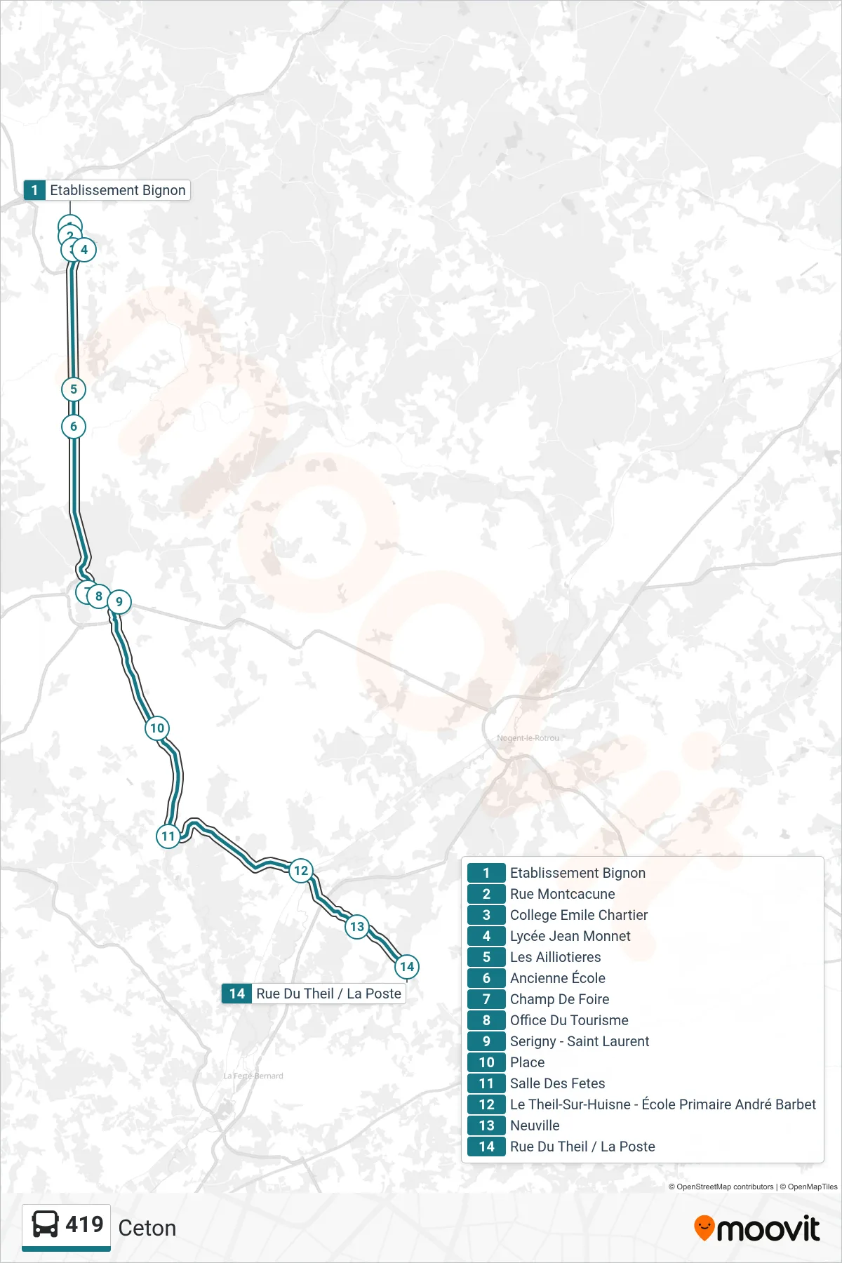 Tracé et arrêts de la ligne 419 de bus (Ceton) sur une carte