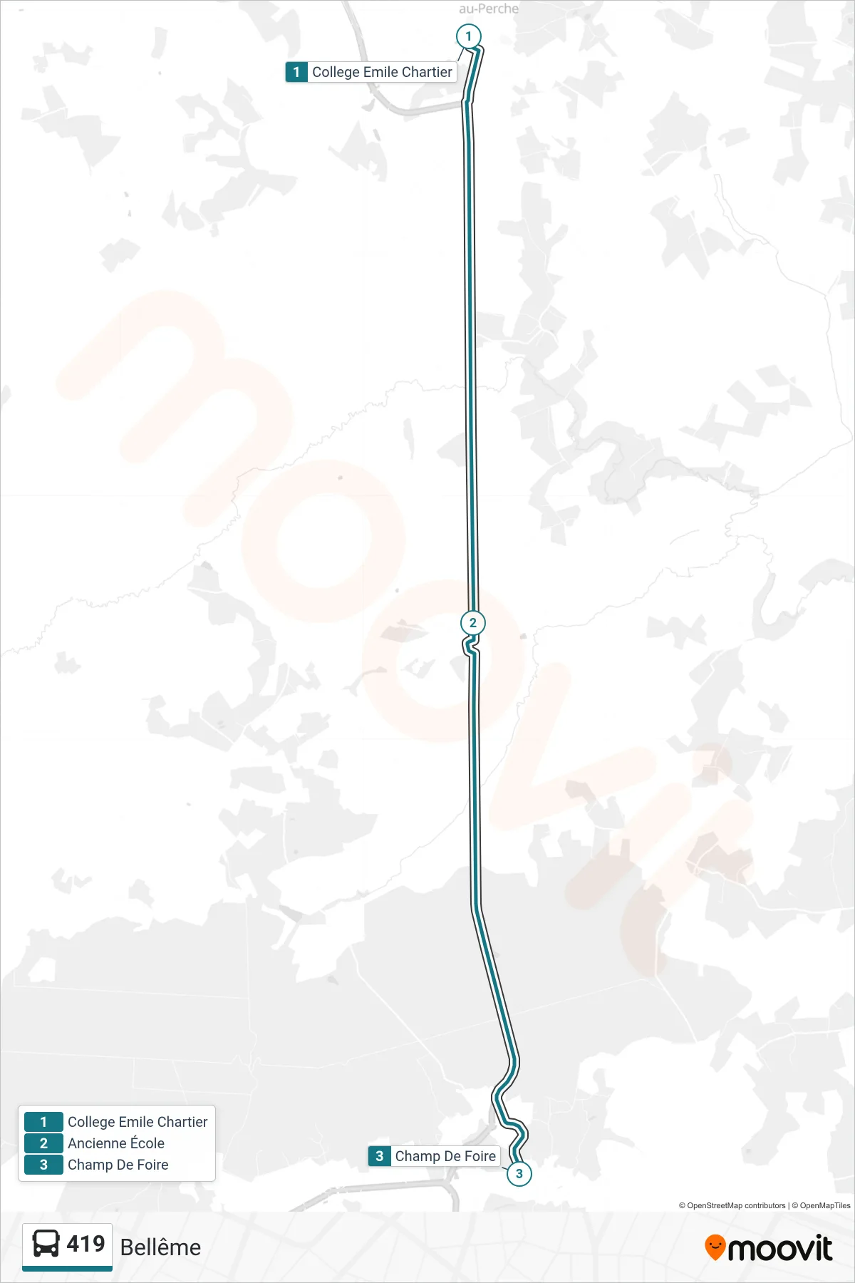 Tracé et arrêts de la ligne 419 de bus (Bellême) sur une carte