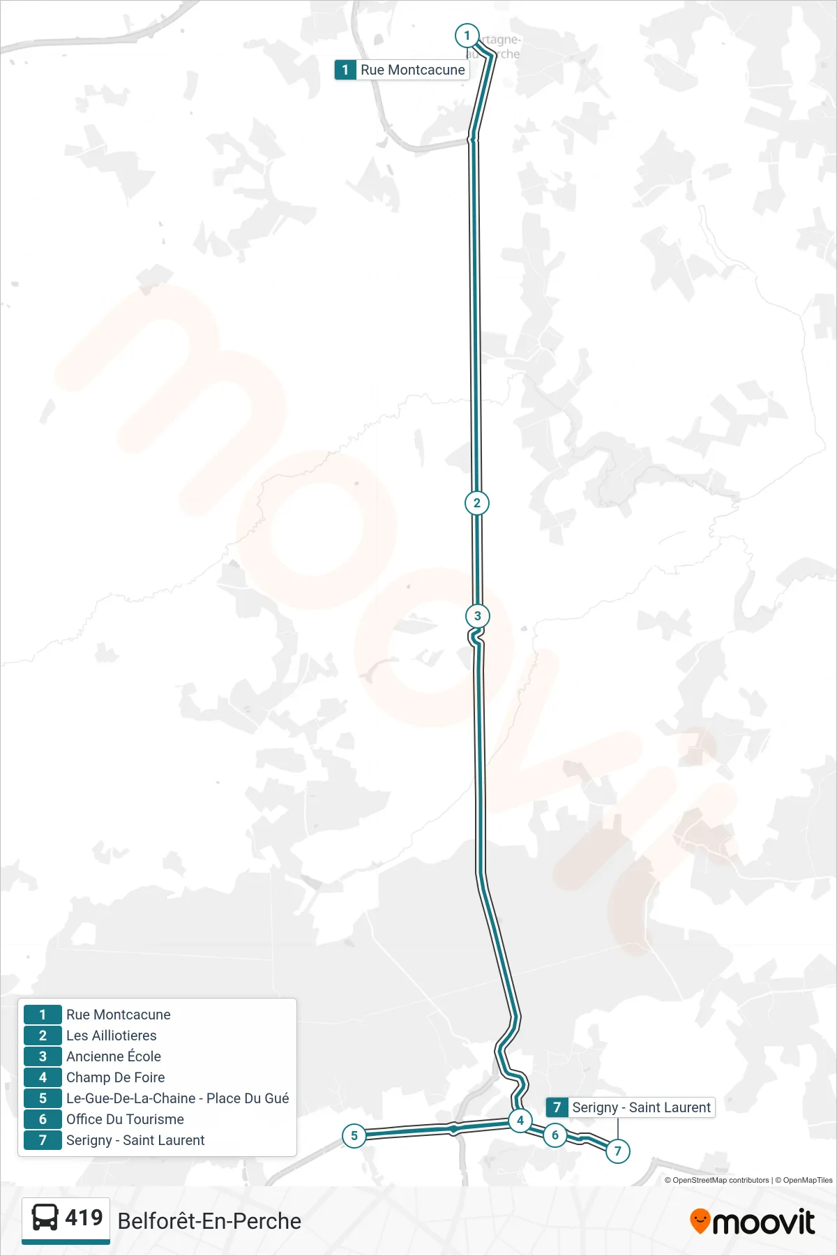 Tracé et arrêts de la ligne 419 de bus (Belforêt-En-Perche) sur une carte