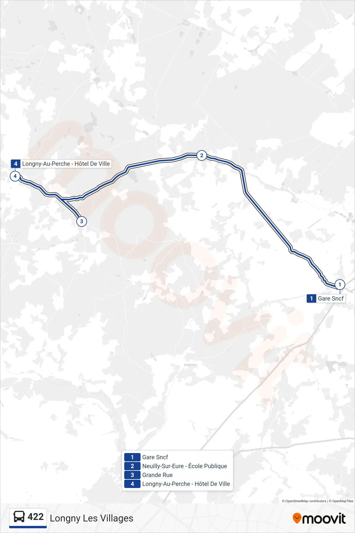 Tracé et arrêts de la ligne 422 de bus (Longny Les Villages) sur une carte