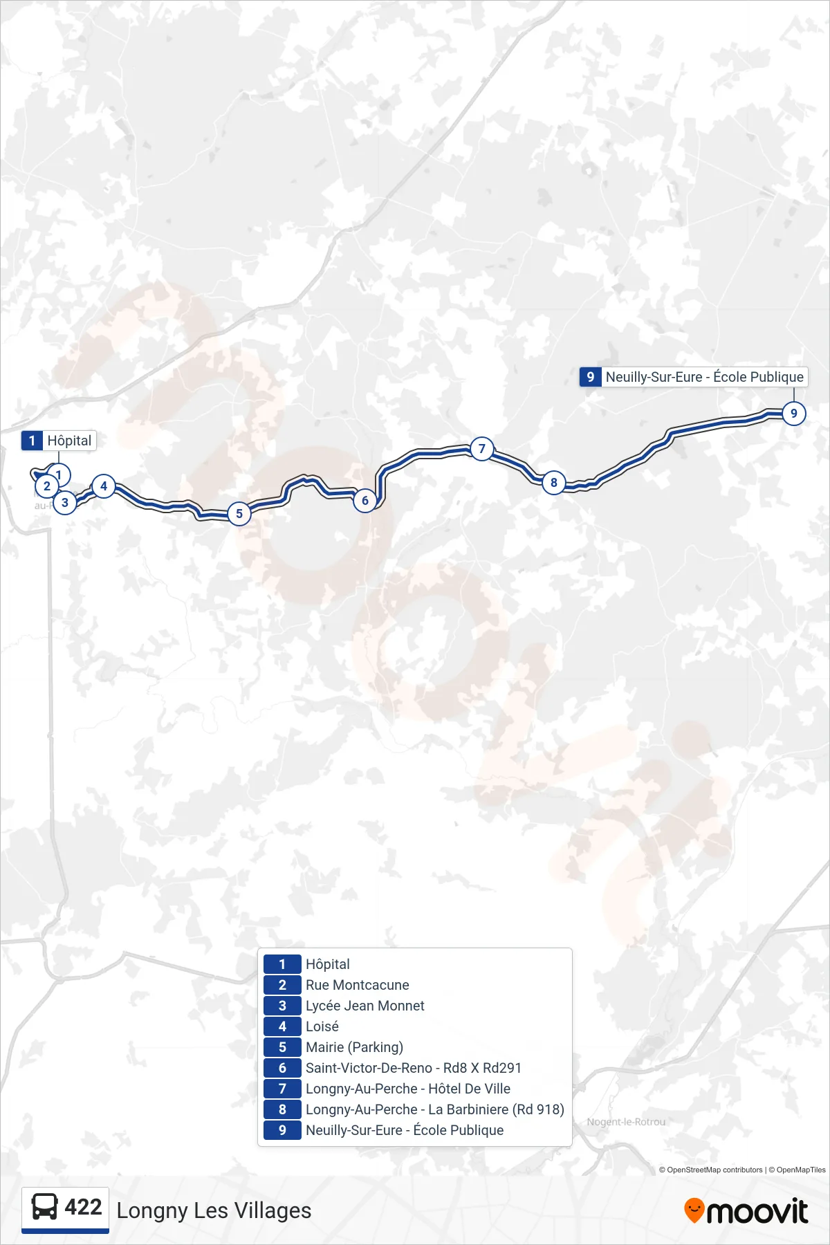 Tracé et arrêts de la ligne 422 de bus (Longny Les Villages) sur une carte