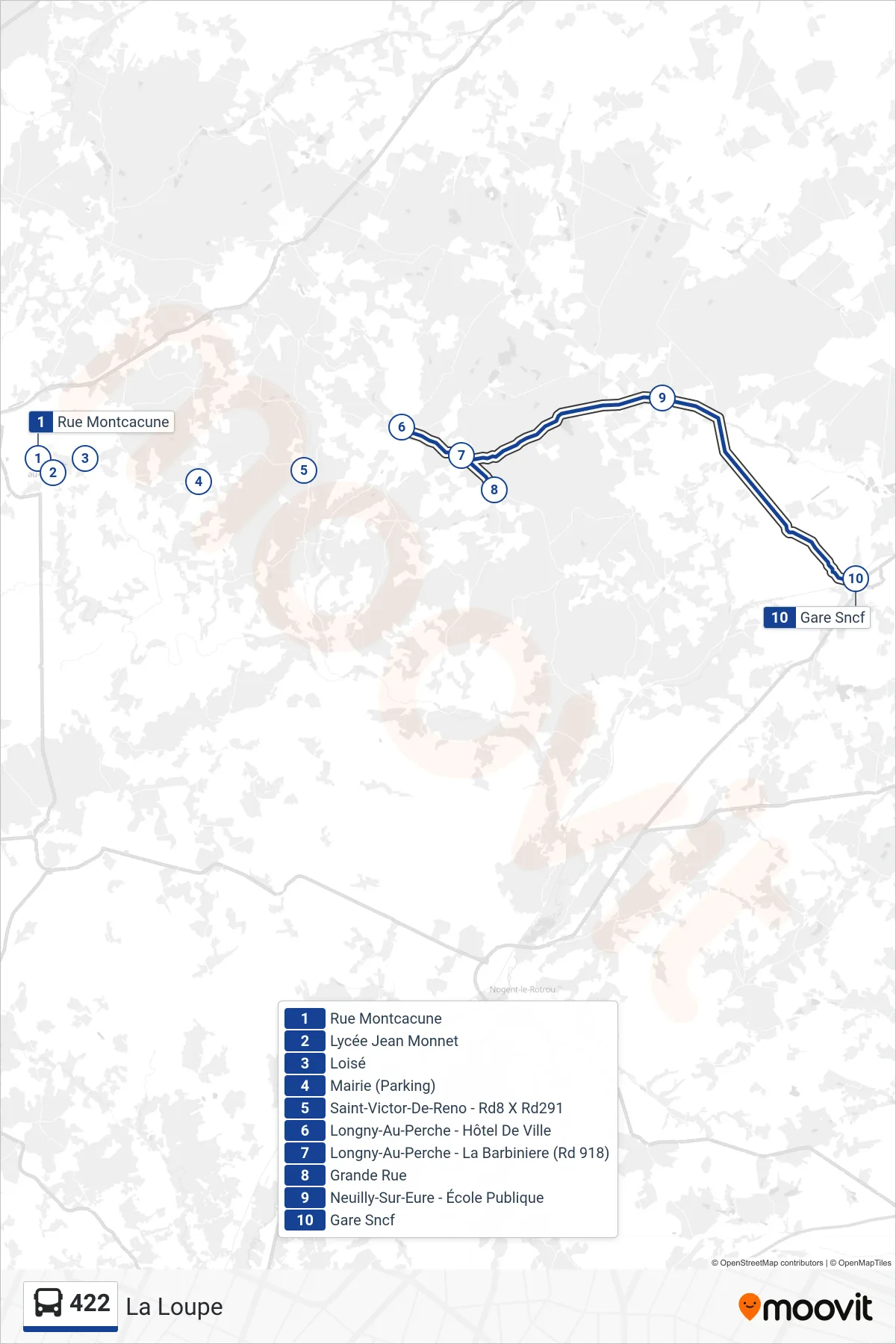 Recorrido y paradas de la línea 422 de autobús (La Loupe) en el mapa
