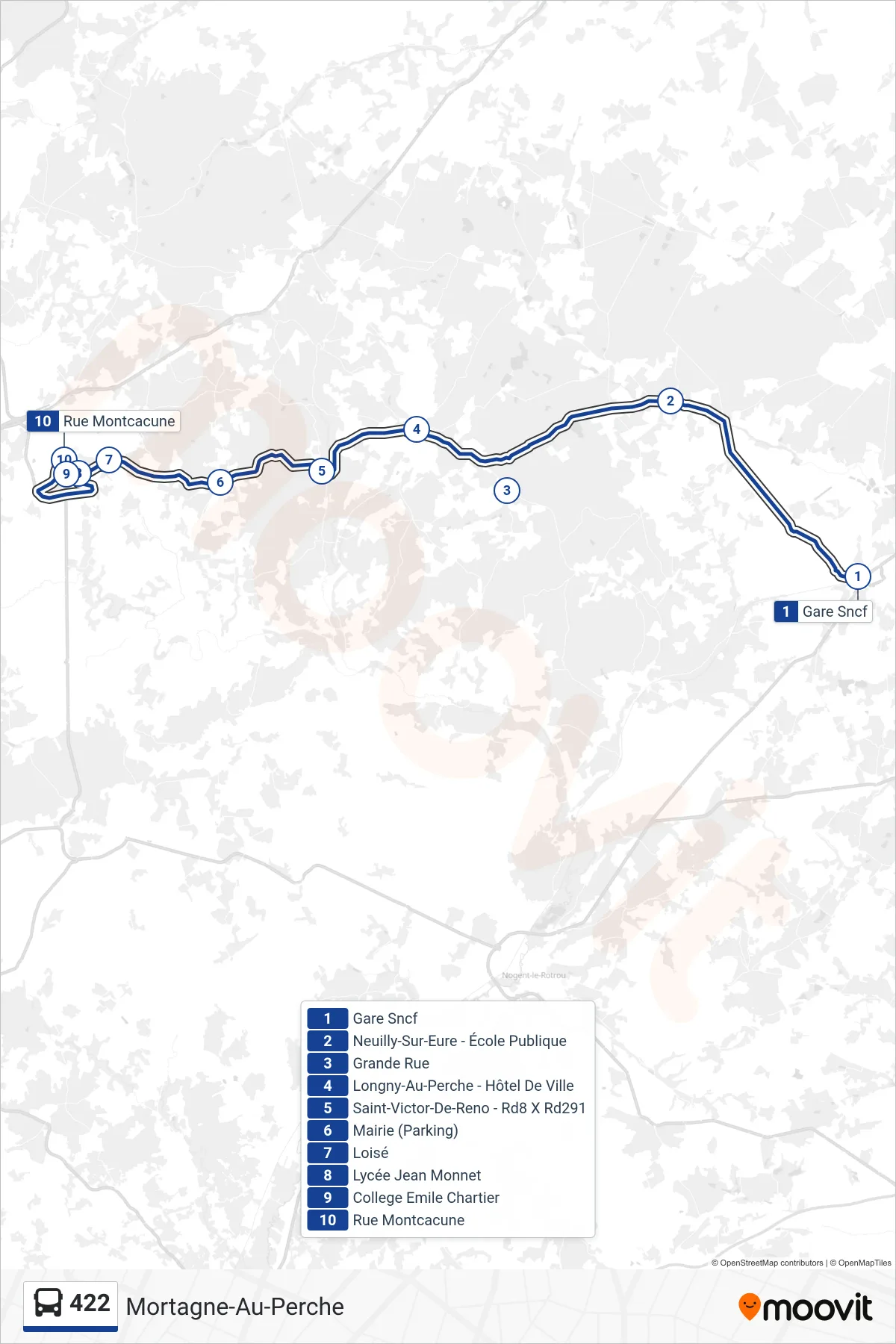 Recorrido y paradas de la línea 422 de autobús (Mortagne-Au-Perche) en el mapa