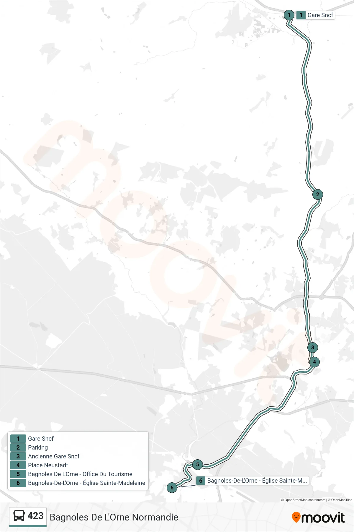 Tracé et arrêts de la ligne 423 de bus (Bagnoles De L'Orne Normandie) sur une carte
