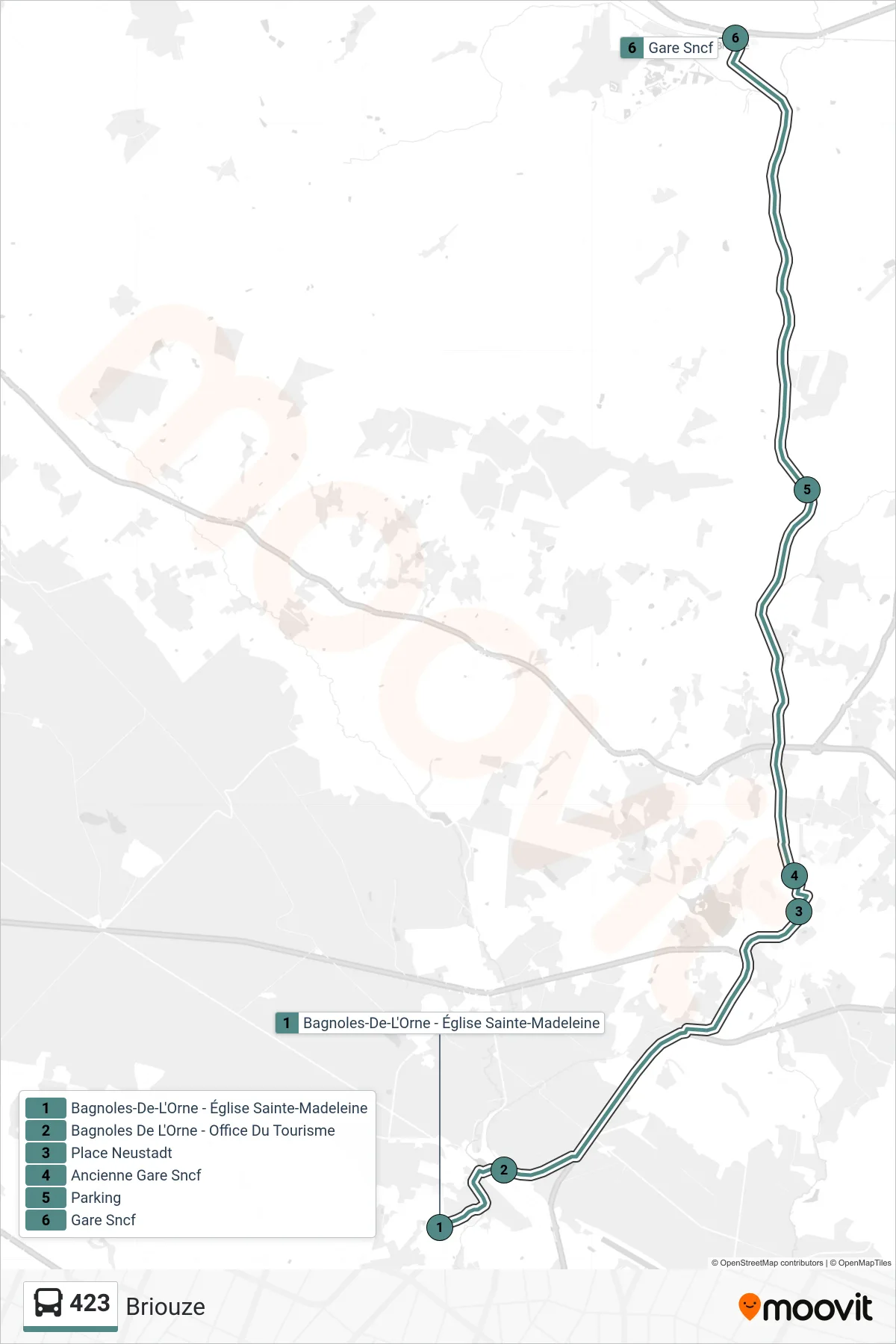 Tracé et arrêts de la ligne 423 de bus (Briouze) sur une carte