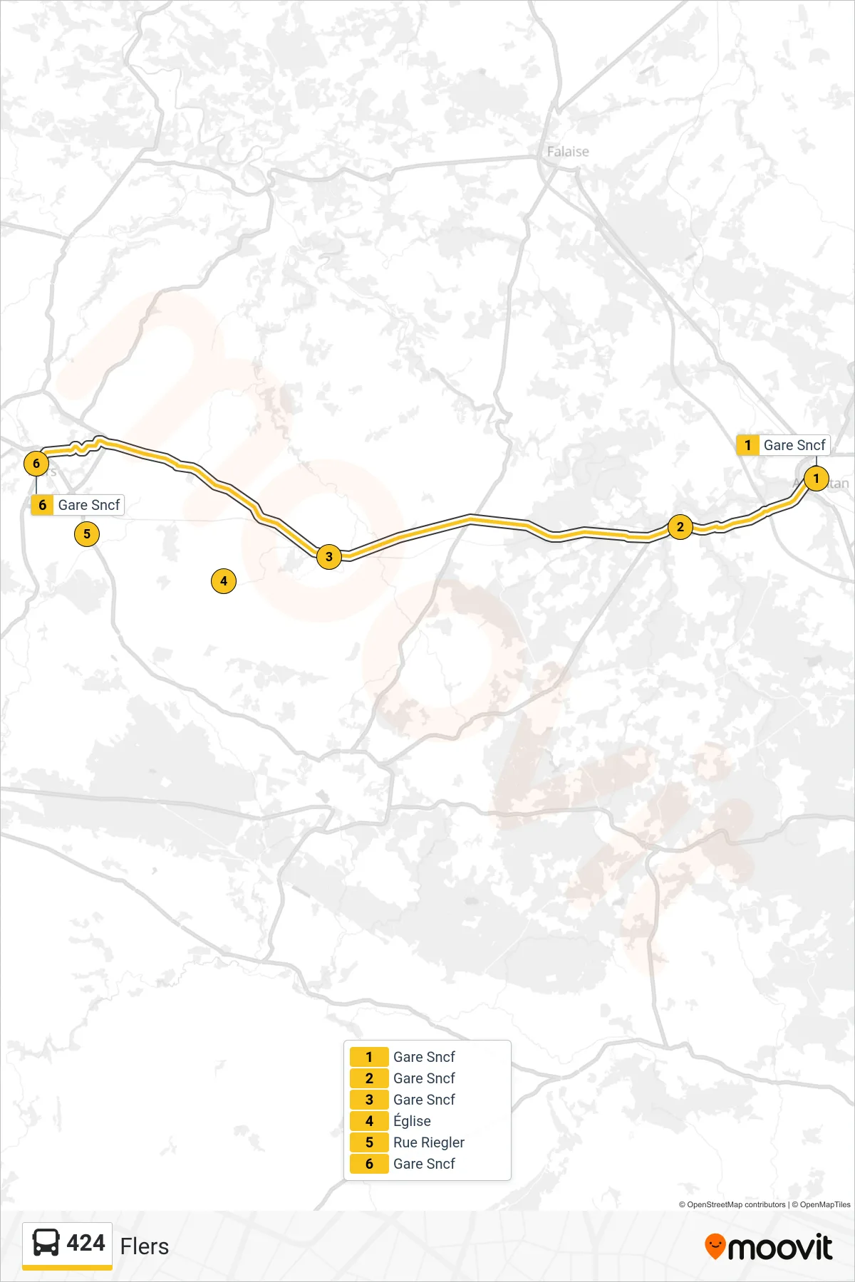 Tracé et arrêts de la ligne 424 de bus (Flers) sur une carte