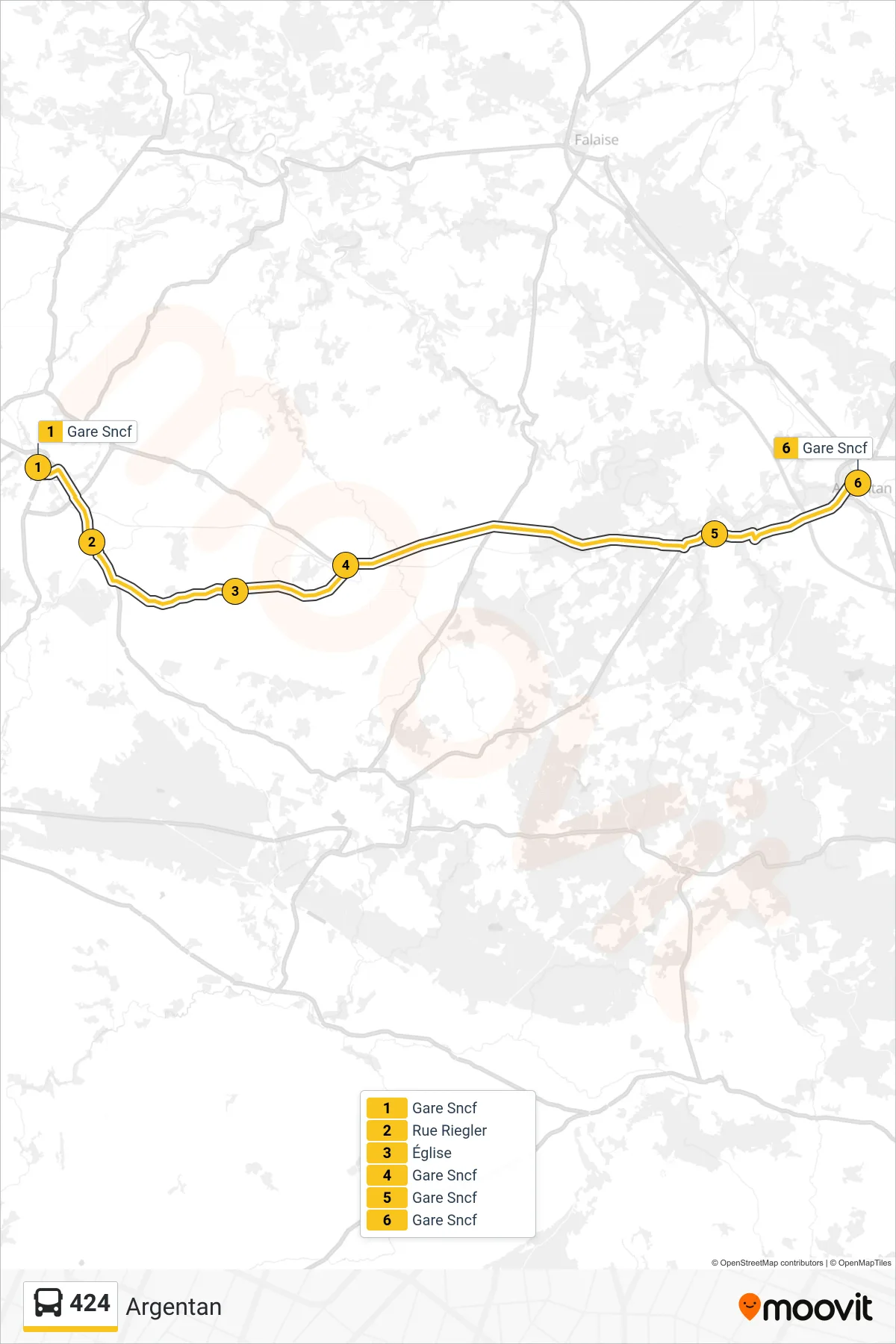 Tracé et arrêts de la ligne 424 de bus (Argentan) sur une carte