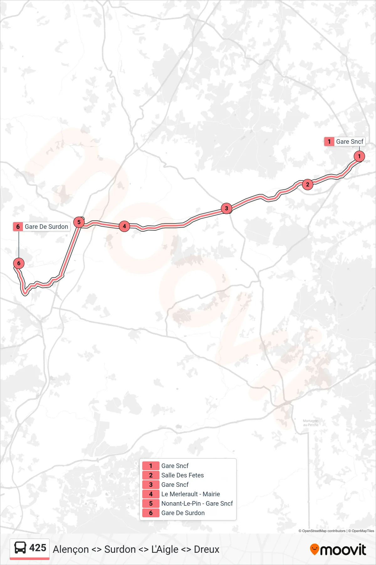 Tracé et arrêts de la ligne 425 de bus (Le Château-D'Almenêches) sur une carte