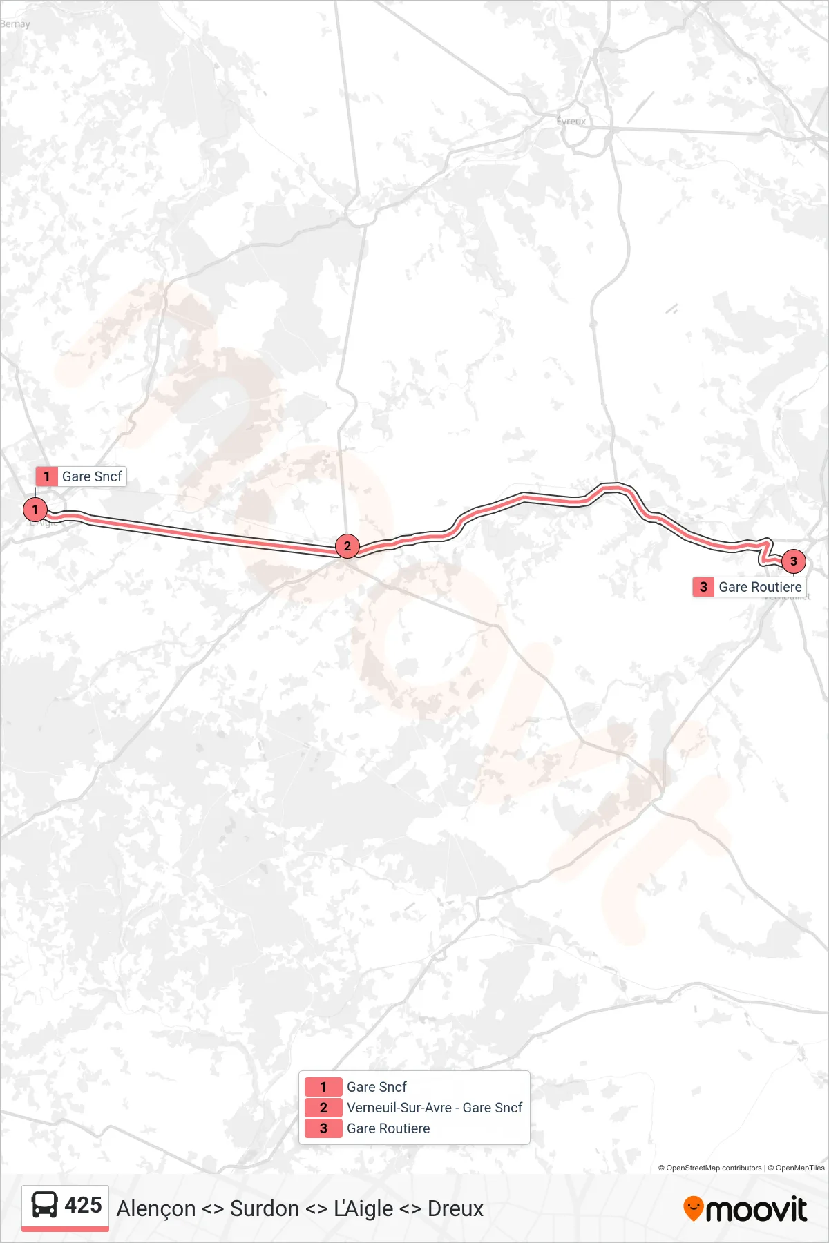 Tracé et arrêts de la ligne 425 de bus (Dreux) sur une carte