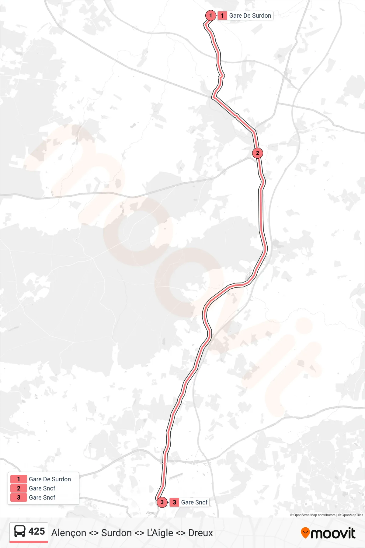 Tracé et arrêts de la ligne 425 de bus (Alençon) sur une carte