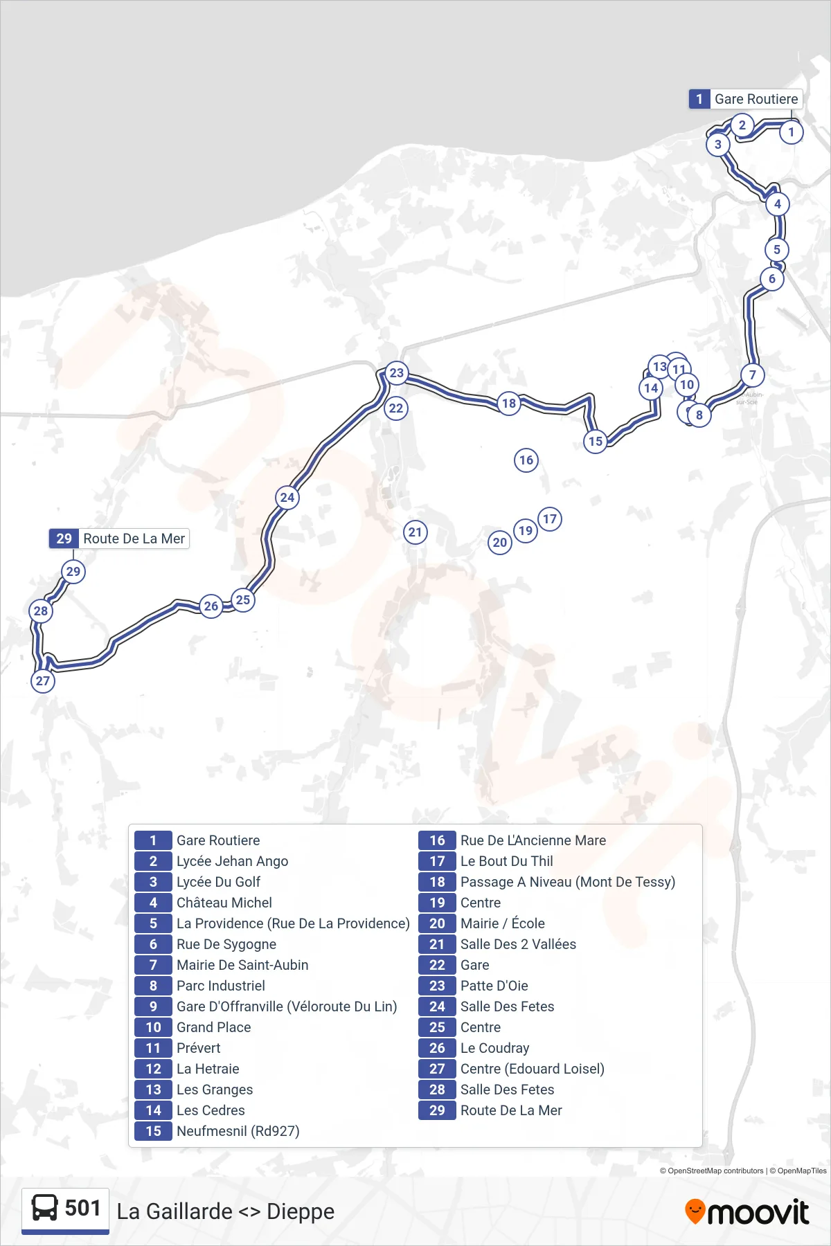 Tracé et arrêts de la ligne 501 de bus (La Gaillarde) sur une carte