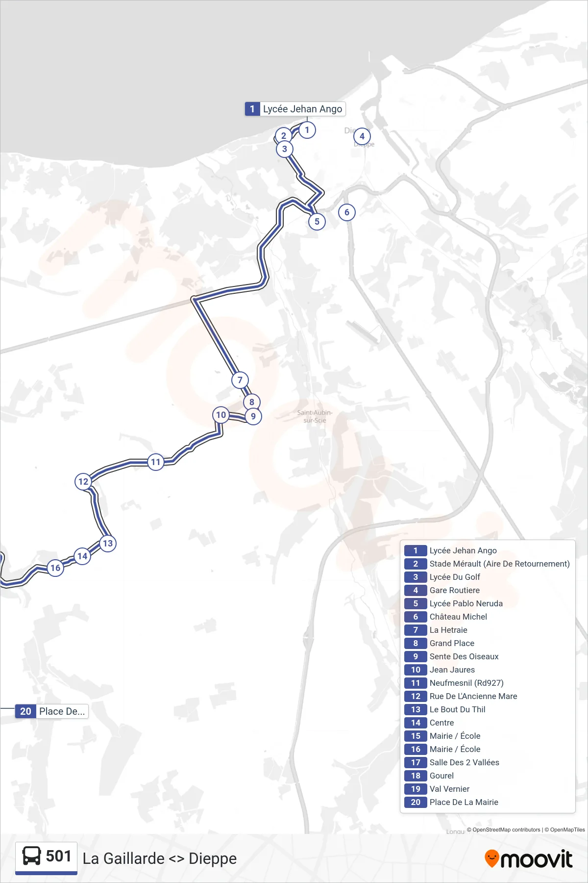 501 bus Line (Brachy) route and stops on a map