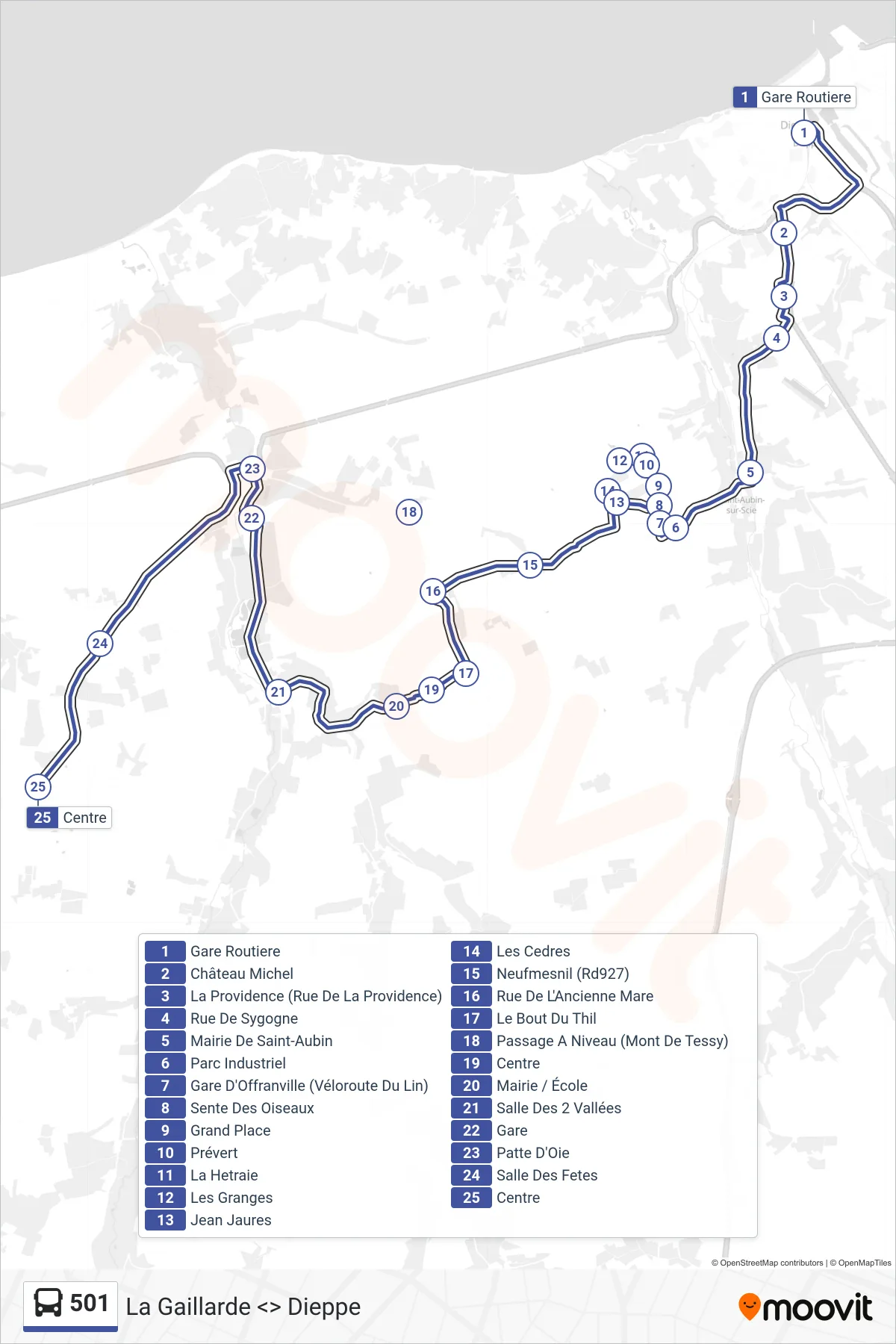 501 bus Line (Luneray) route and stops on a map