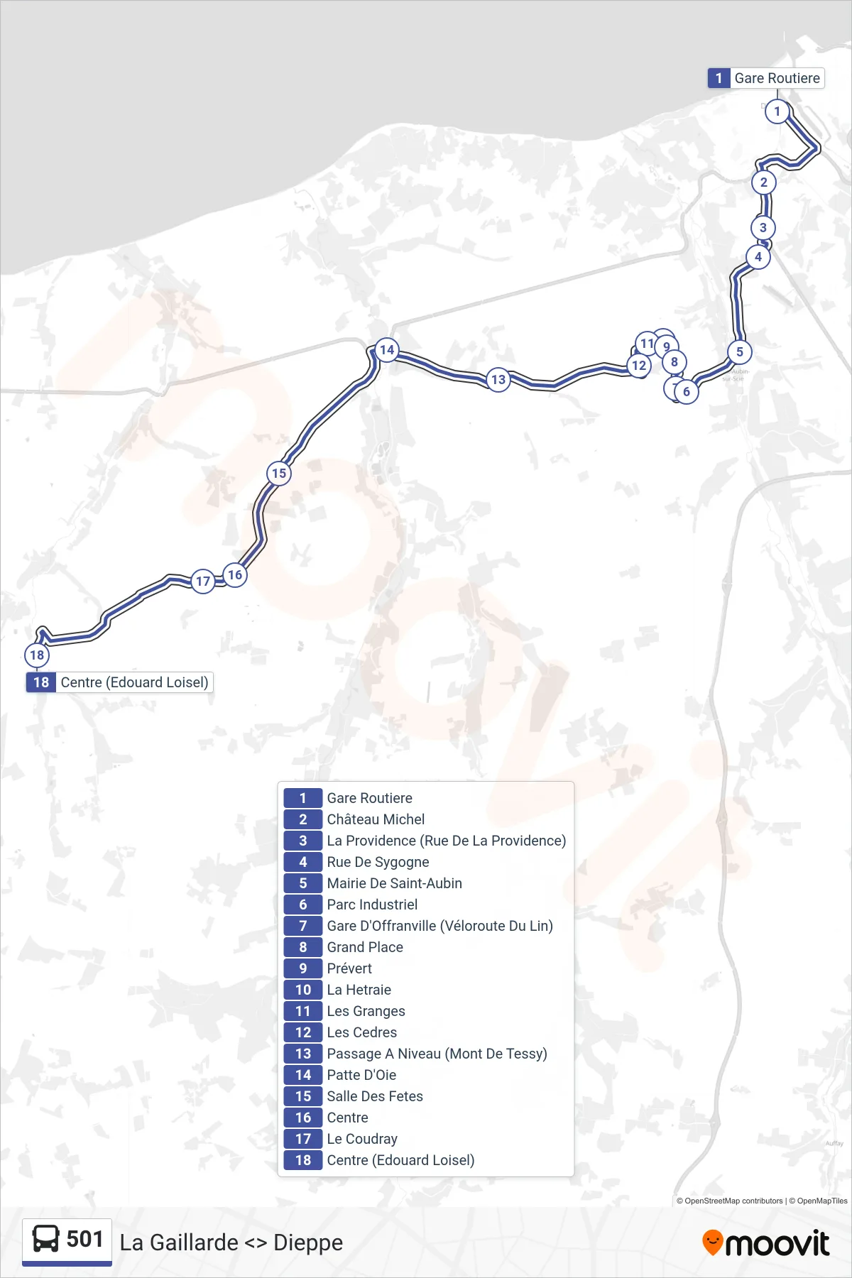 Tracé et arrêts de la ligne 501 de bus (Fontaine-Le-Dun) sur une carte
