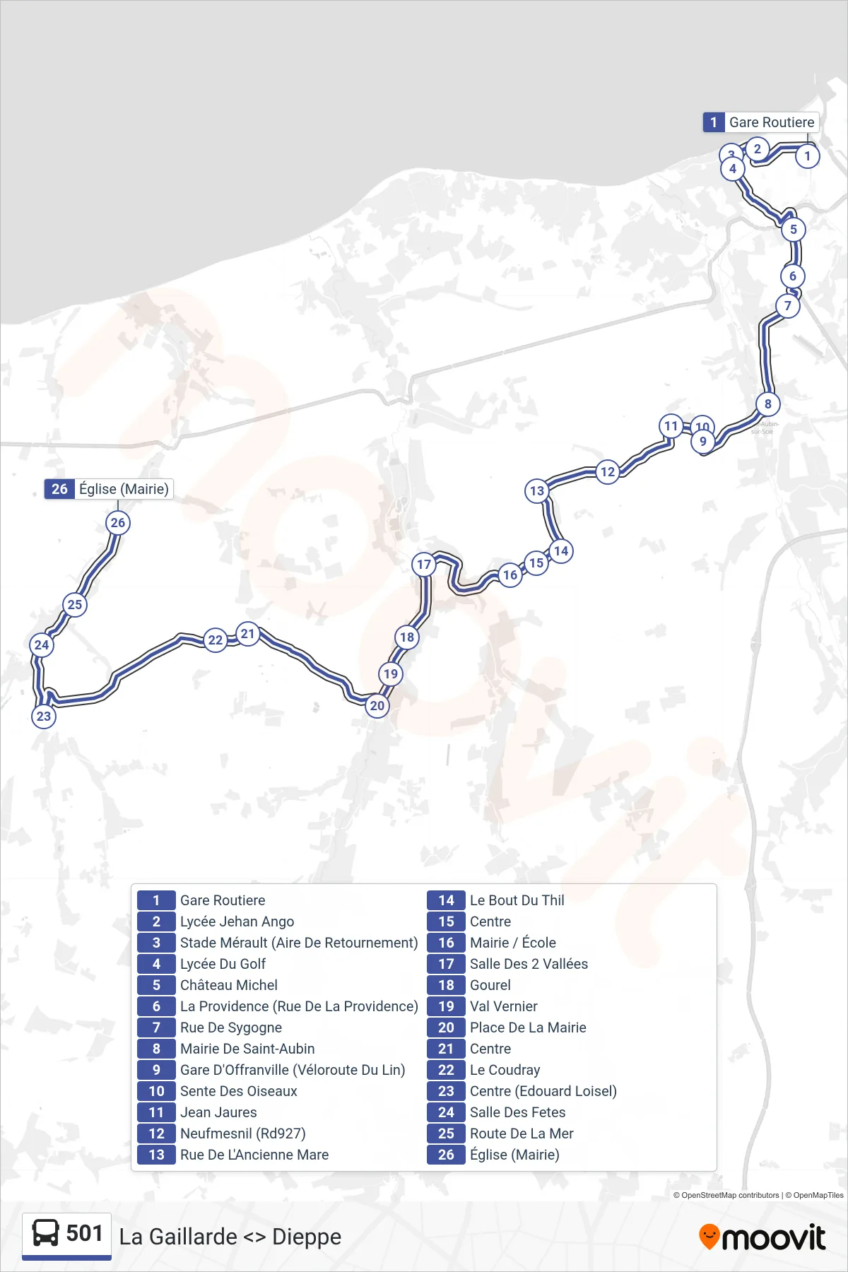 Tracé et arrêts de la ligne 501 de bus (Saint-Pierre-Le-Vieux) sur une carte