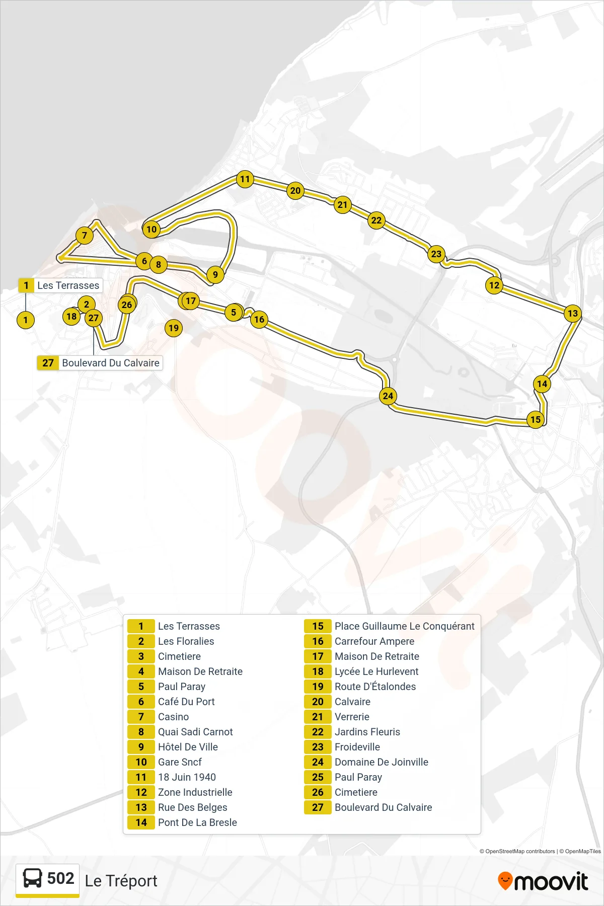 Tracé et arrêts de la ligne 502 de bus (Le Tréport) sur une carte