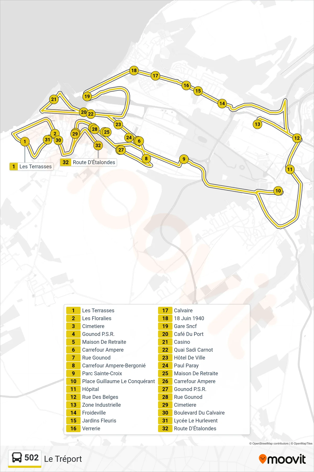 Tracé et arrêts de la ligne 502 de bus (Le Tréport) sur une carte