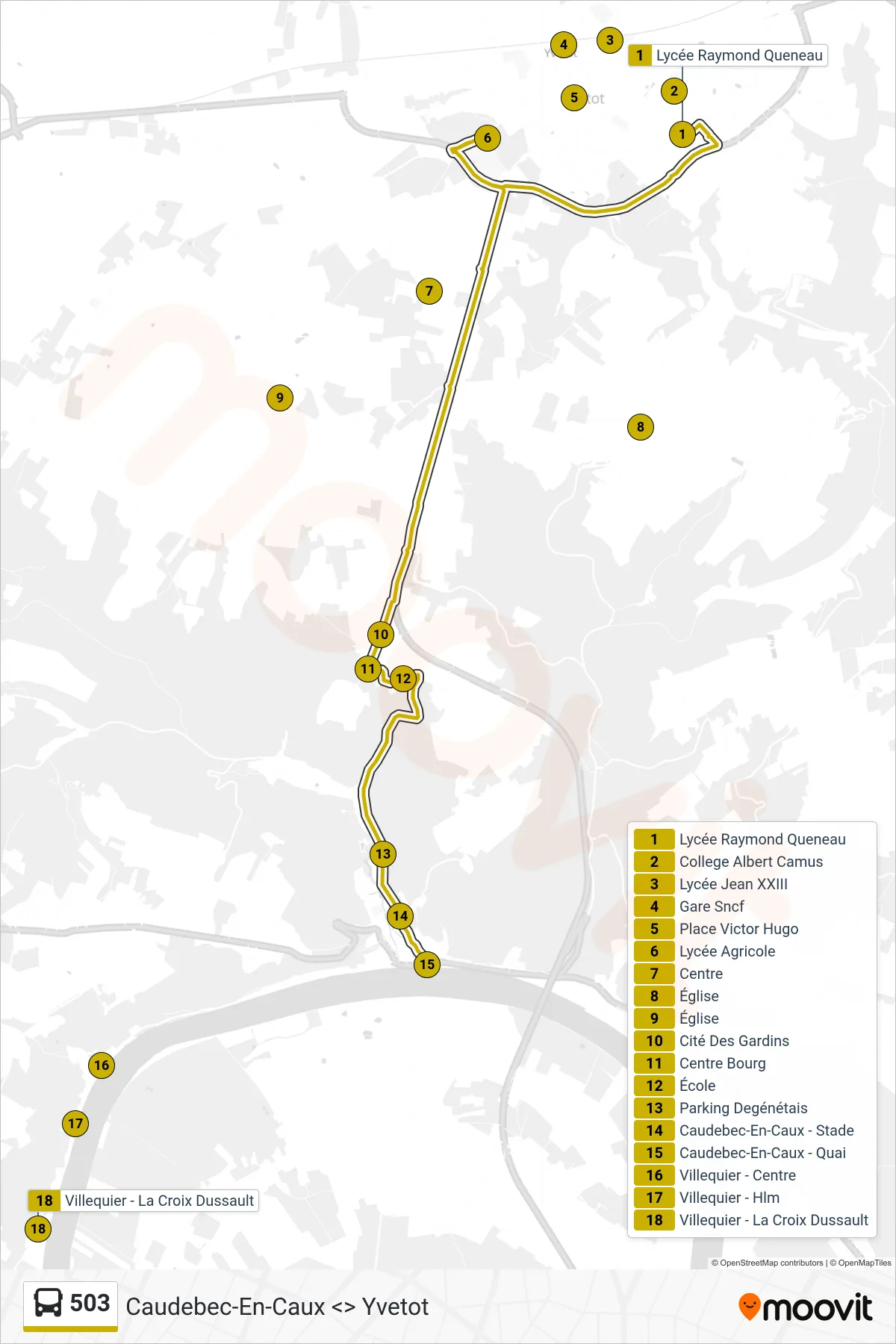 Tracé et arrêts de la ligne 503 de bus (Rives-En-Seine) sur une carte