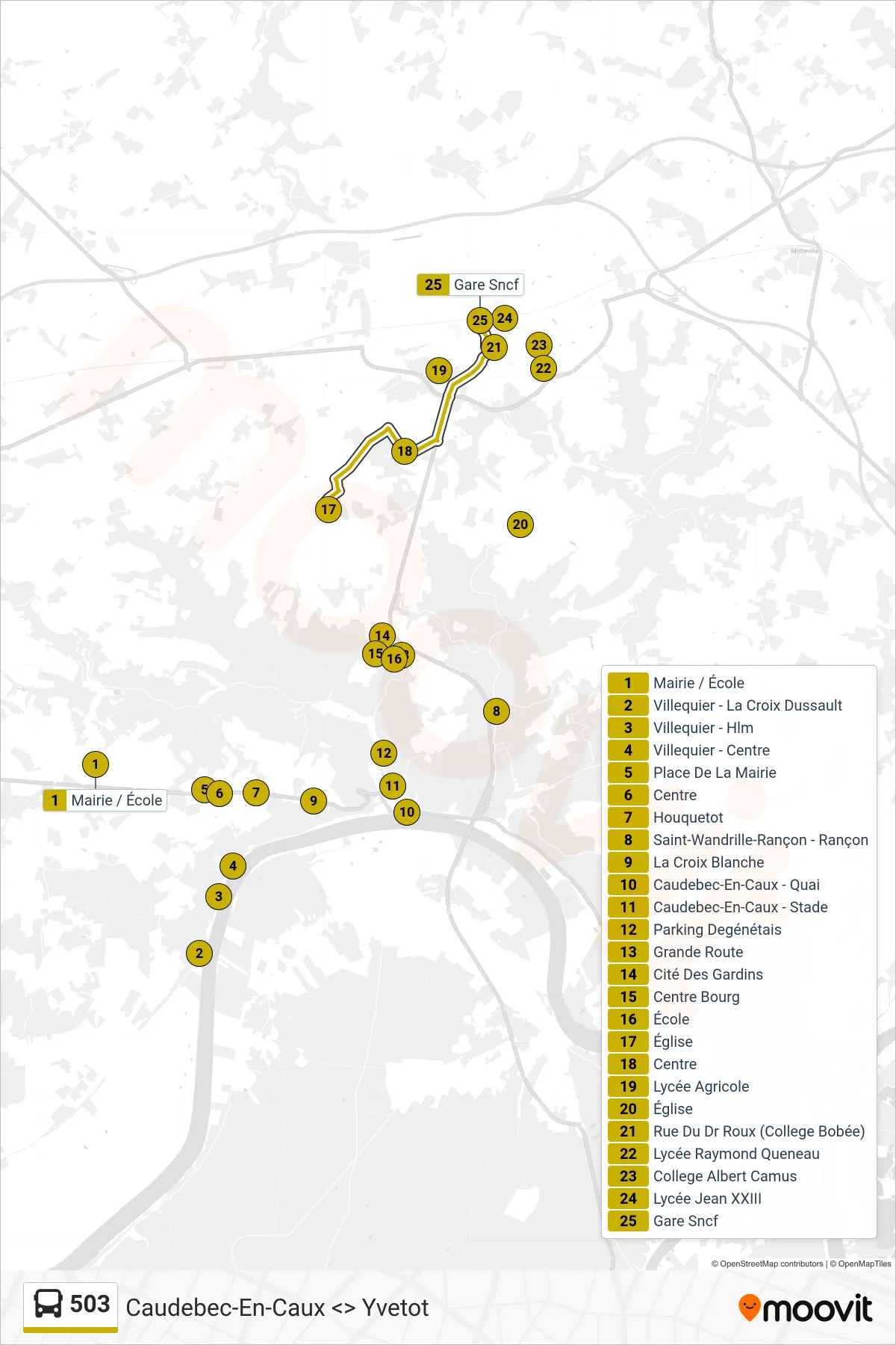 Tracé et arrêts de la ligne 503 de bus (Yvetot) sur une carte